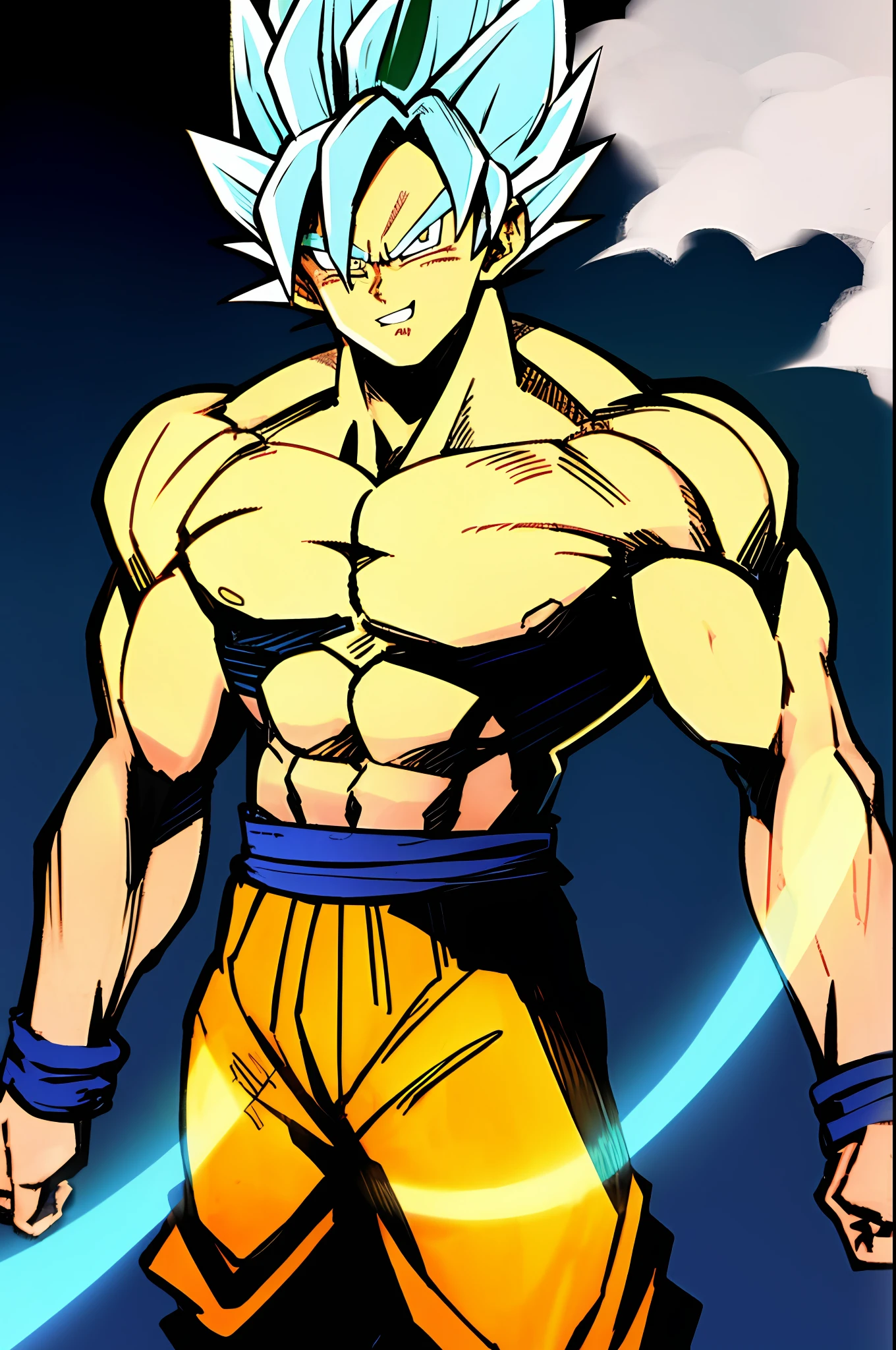 son goku, 1boy, bravo, dano de batalha, cabelo azul, faixa azul, dentes cerrados, furioso, olhos verdes, foco masculino, musculoso, macho musculoso, peitorais, faixa, solo, cabelo espetado, super saiyan blue, super saiyan Deus Suoer Saiyan, dentes, homem em topless, roupas rasgadas, pulseira, ((obra-prima))