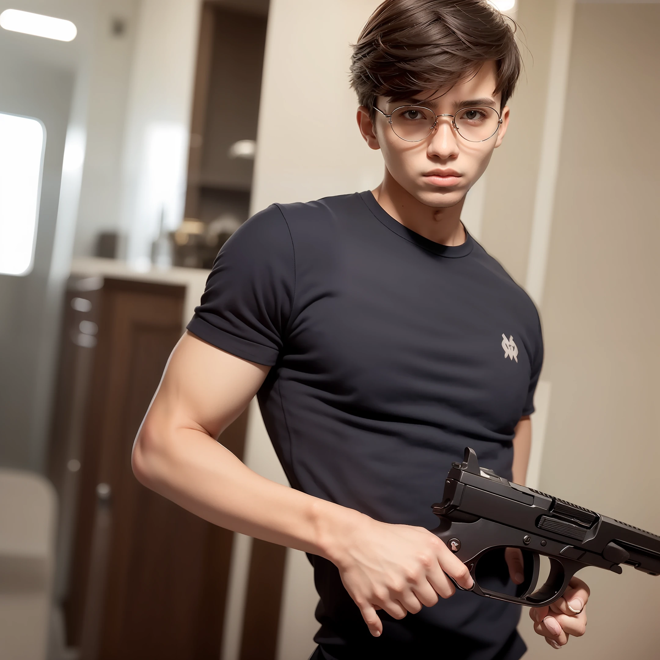Menino , 17 anos , usa oculos , terno com gravata vermelha,holding two guns in home hand