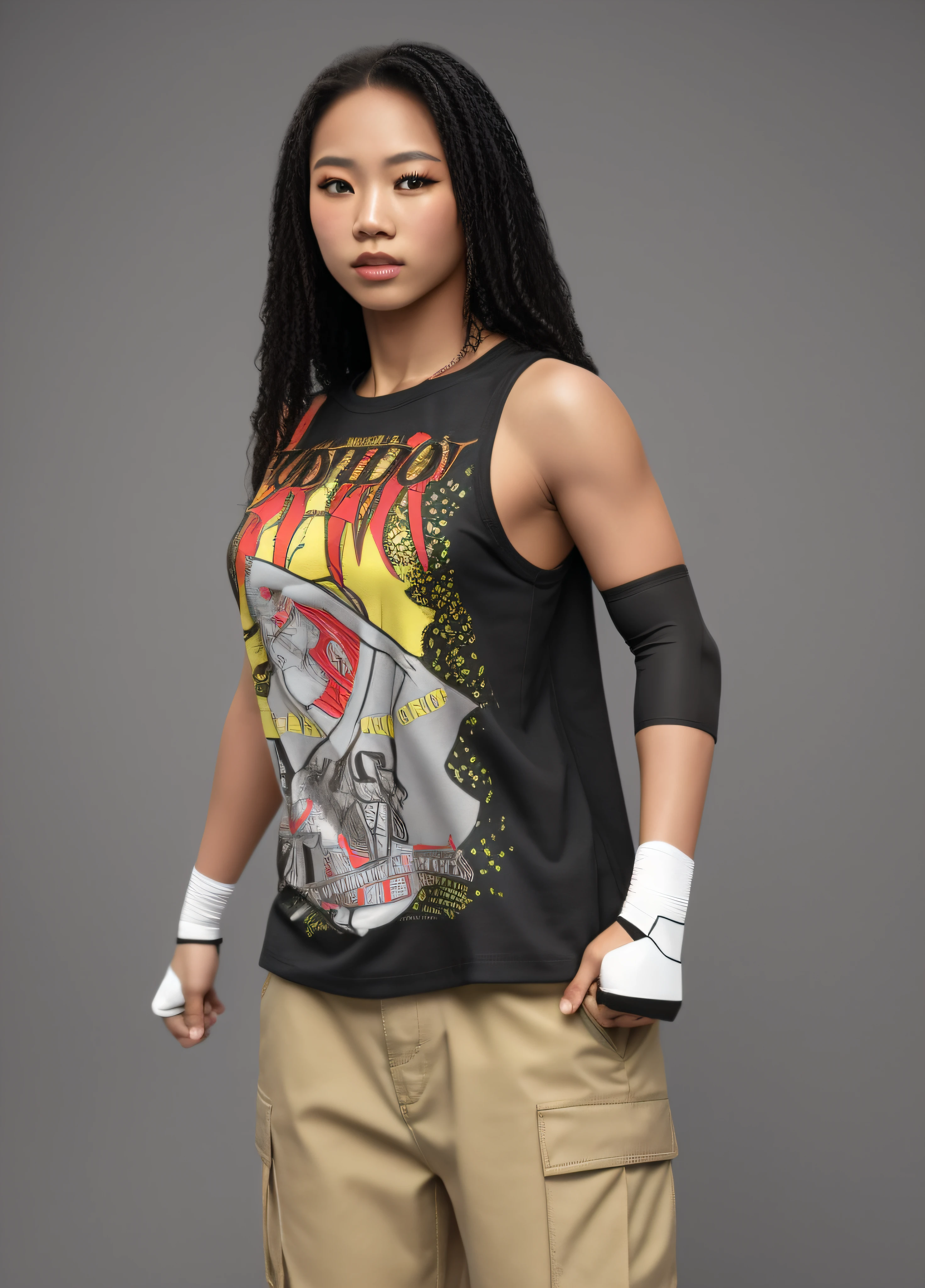 Blasian female wrestler, in black yellow red and grey shirt with a band logo, black elbow pad on the left arm, white hand-wraps, brown cargo pants, wearing eye-shadow, photo realistic, intricate details