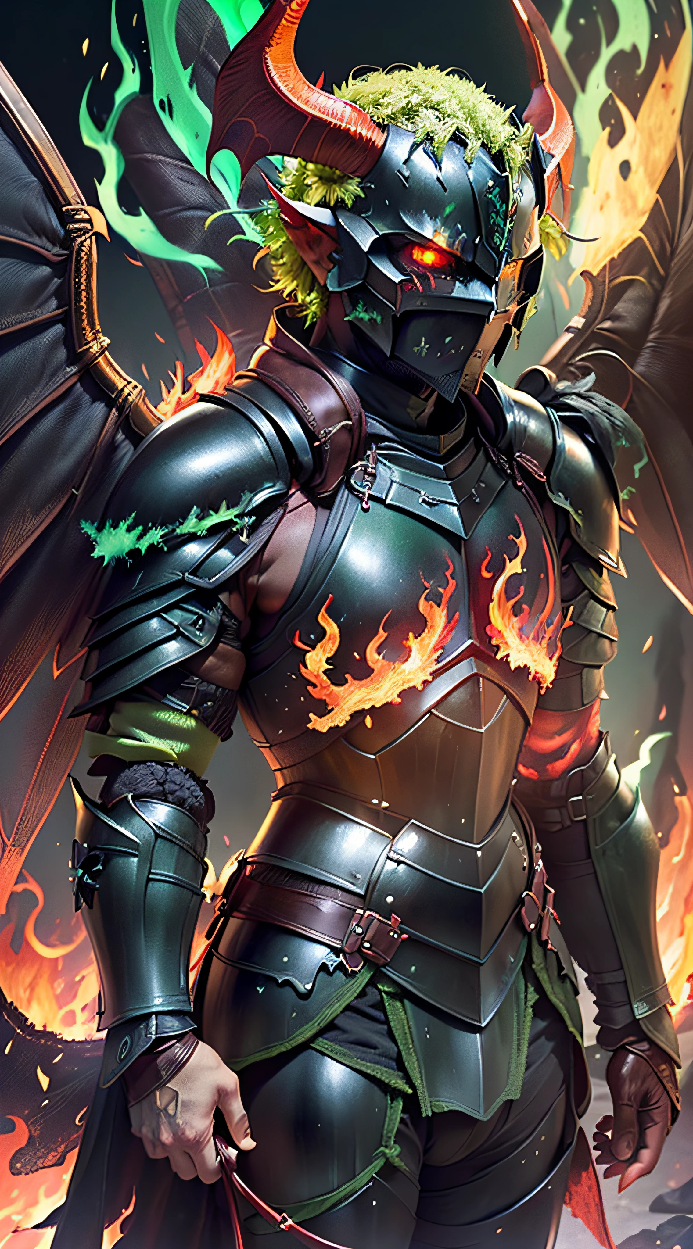 man with (red skin:1.5), horns, and (glowing yellow eyes:1.6), (wearing black armor:1.7), (with leathery wings at his shoulders:1.9), (green fire:1.8), standing on a mountain trail