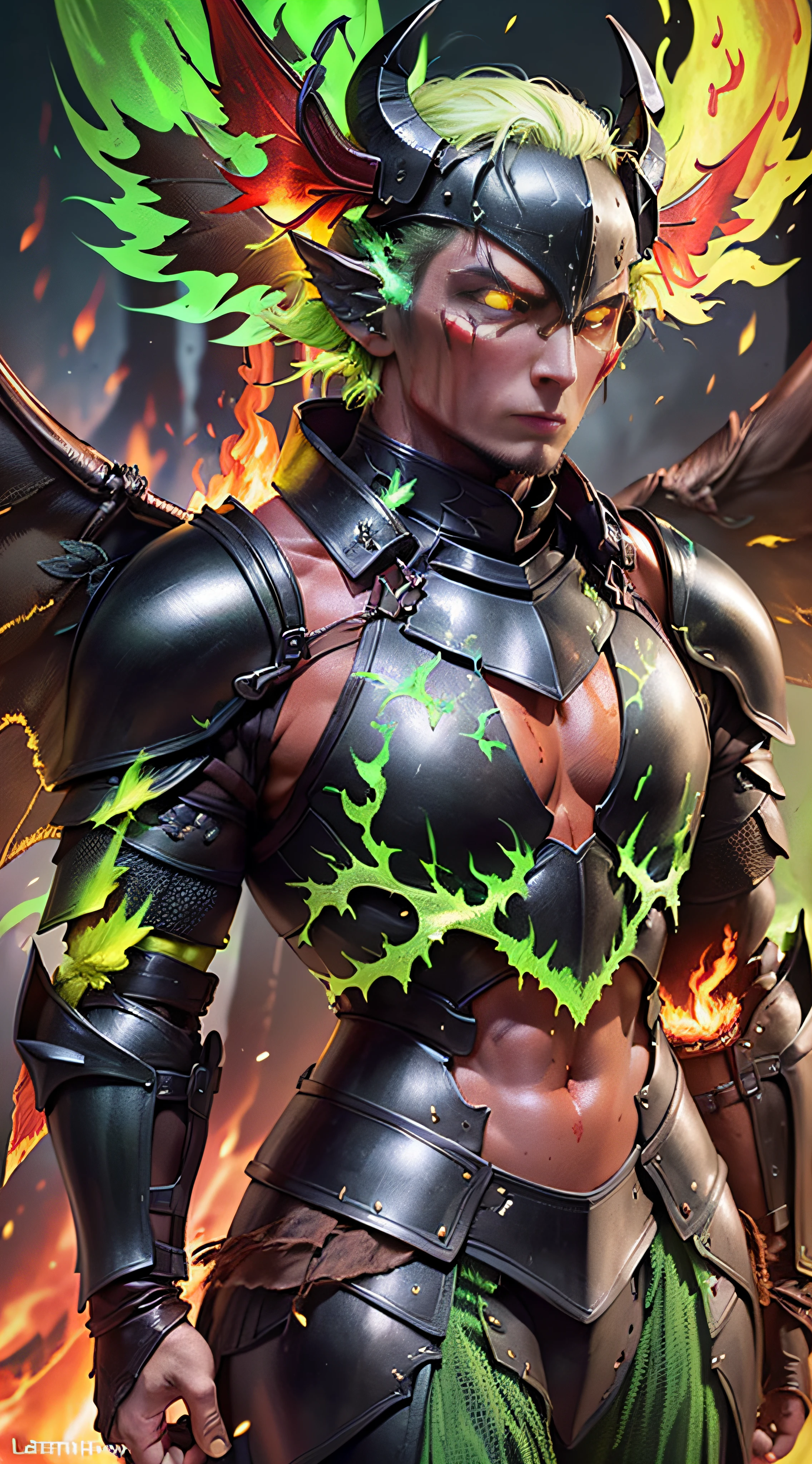 man with (red skin:1.5), horns, and (glowing yellow eyes:1.6), (wearing black armor:1.7), (with leathery wings at his shoulders:1.9), (green fire:1.8), standing on a mountain trail