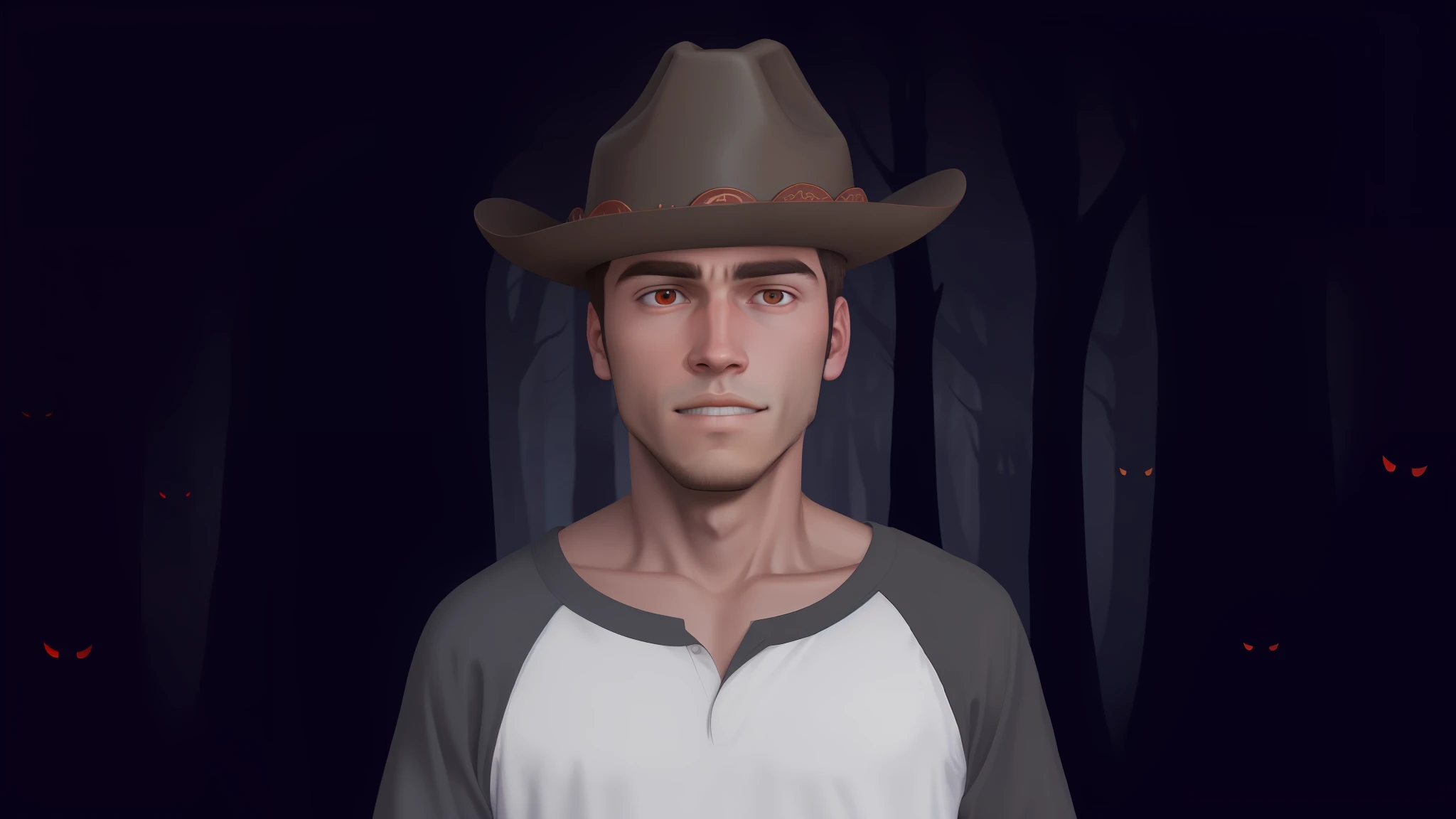 A young man like the face and expression of reference on a Dark florest with trees and red eyes of creatures behind, brown cowboy hat, (likeness)