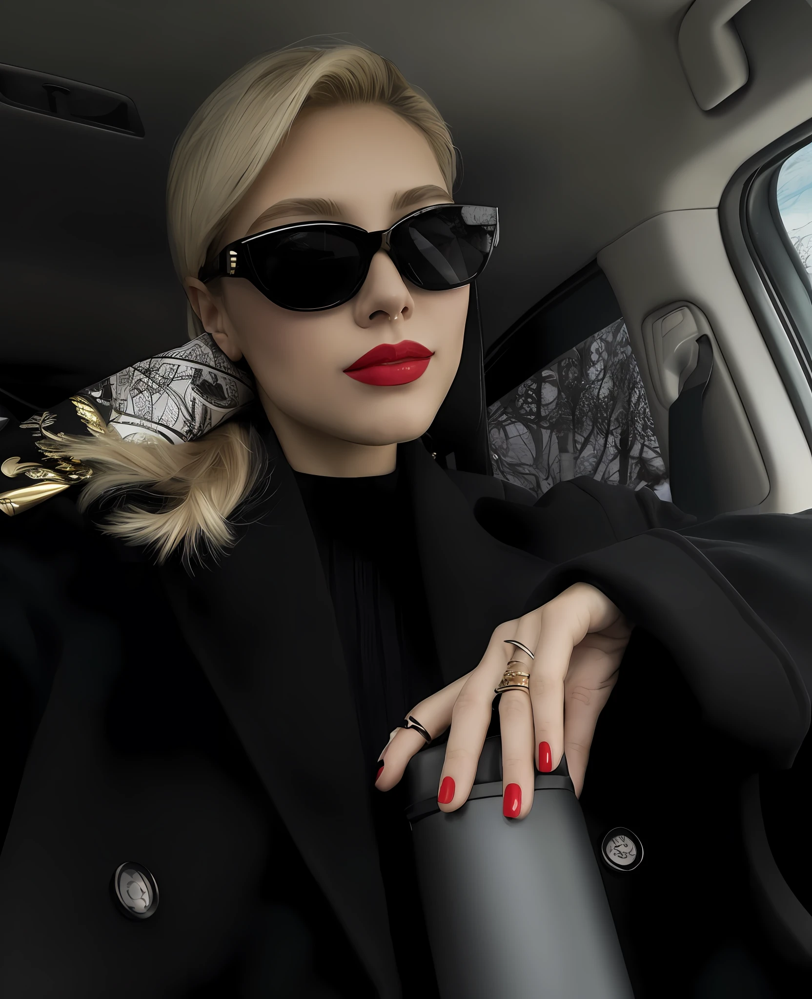 blond woman in black coat and sunglasses sitting in car with red nails, with sunglasses, wearing versace sunglasses, tons de preto e vermelho, tons de vermelho e preto, Taran Dasha, Yelena Belova, with sun glasses, tons escuros, 🪔 🎨;🌞🌄, red lips, Estilo de Julia Razumova, Directed by: Emma Andijewska