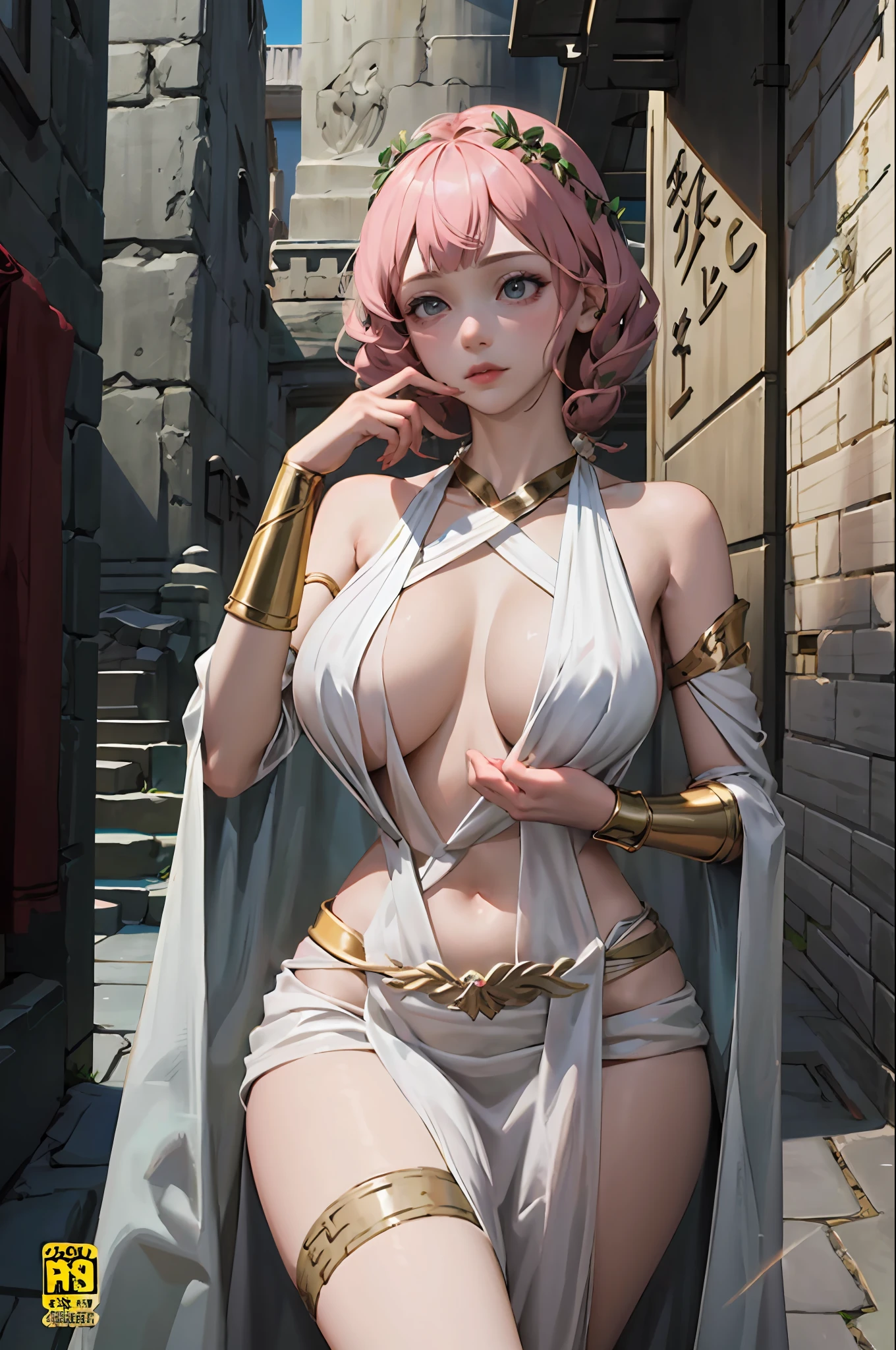 1girl huge large breasts,Greek goddess，Vi delicate and beautiful face,golden hair，Various hairstyles，Garland crown，voluptuous breasts，Convex buttocks，greek clothes，Tulle covers the breasts，perfectly proportioned, Detailed clothing details,Temple，marble，god statue，World Tree，Cinematic lighting, filmgrain, Fujicolor, lightand shade contrast, 8K, 巨作, Textured skin, Super detail, High Details, High quality, A high resolution,