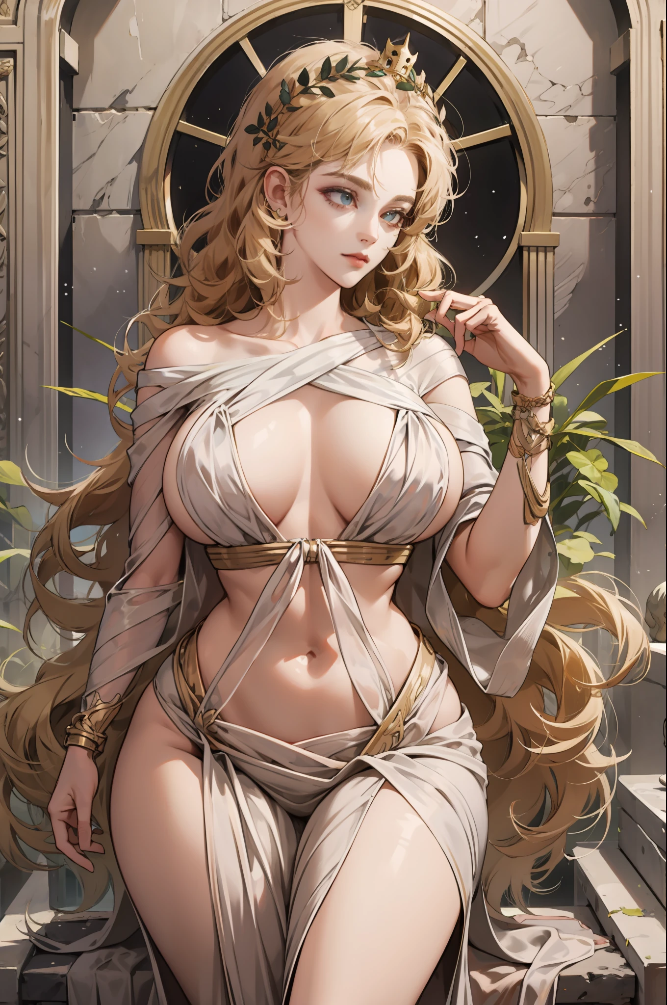 1girl huge large breasts,Greek goddess，Vi delicate and beautiful face,golden hair，Various hairstyles，Garland crown，voluptuous breasts，Convex buttocks，greek clothes，Tulle covers the breasts，perfectly proportioned, Detailed clothing details,Temple，marble，god statue，World Tree，Cinematic lighting, filmgrain, Fujicolor, lightand shade contrast, 8K, 巨作, Textured skin, Super detail, High Details, High quality, A high resolution,