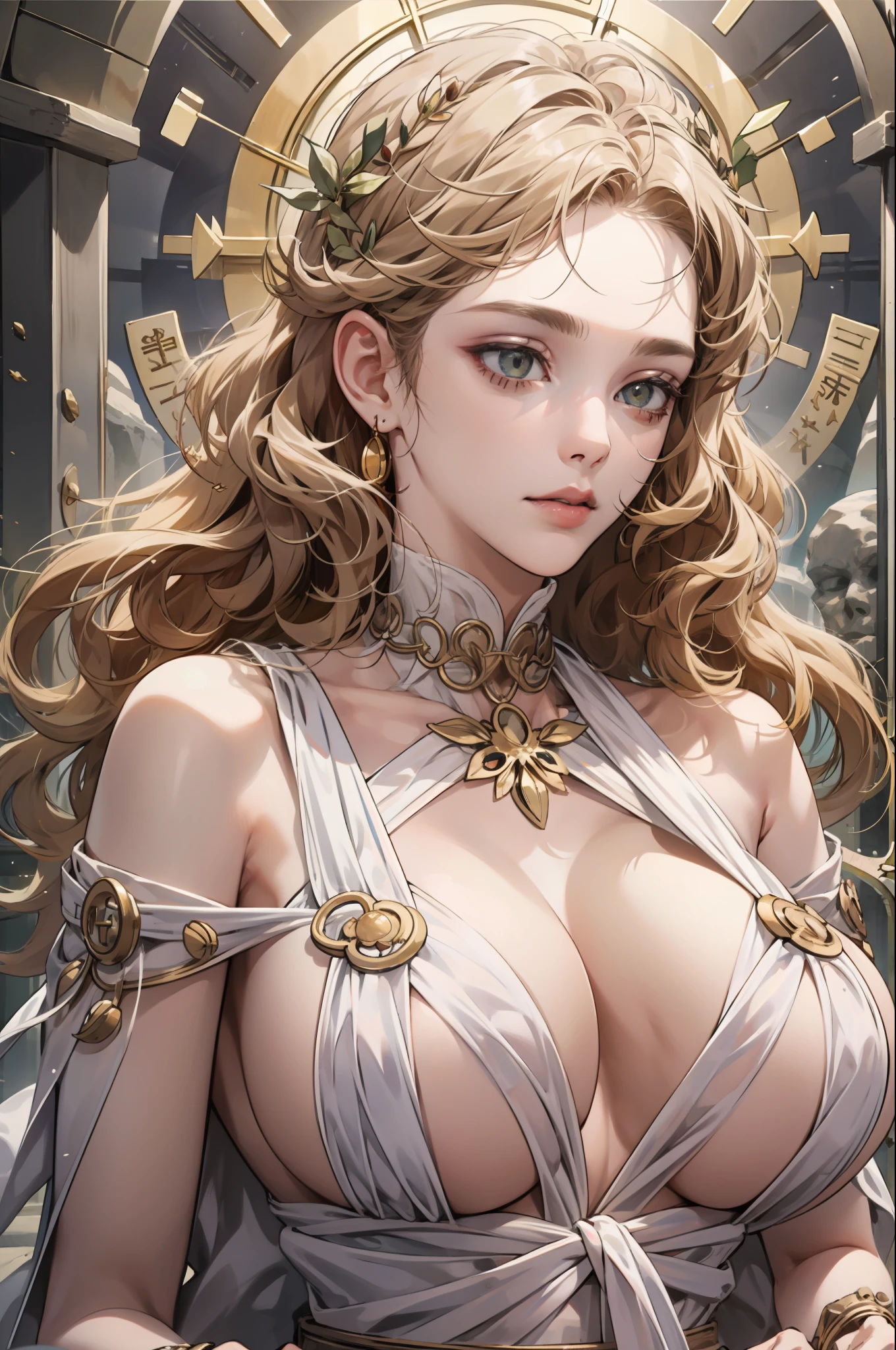 1girl huge large breasts,Greek goddess,Vi delicate and beautiful face,golden hair,Various hairstyles,Garland crown,voluptuous breasts,Convex buttocks,greek clothes,Tulle covers the breasts,perfectly proportioned, Detailed clothing details,Temple,marble,god statue,World Tree,Cinematic lighting, filmgrain, Fujicolor, lightand shade contrast, 8K, 巨作, Textured skin, Super detail, High Details, High quality, A high resolution,