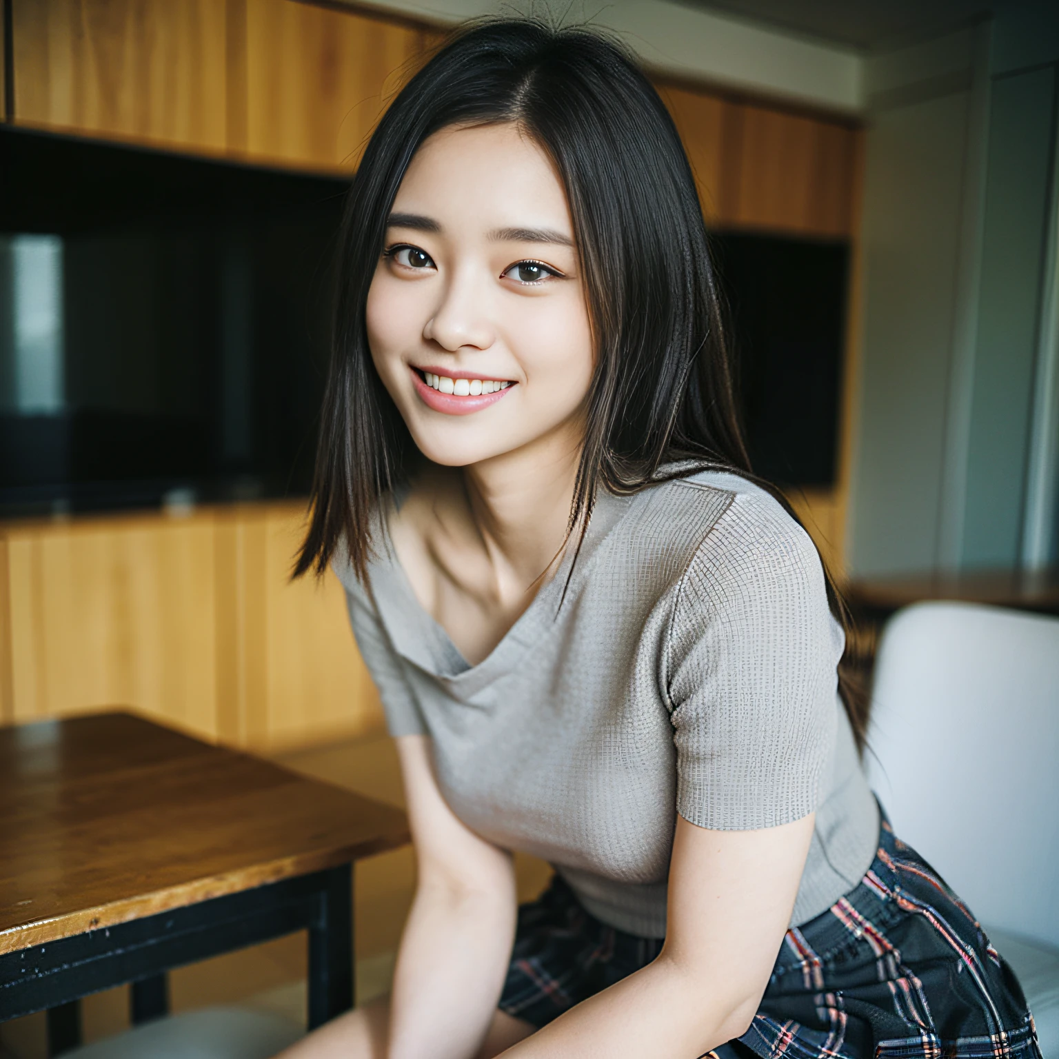 Japanes lady、(RAW photos、BEST QUALITY、A Masterpiece:1 )、high definition RAW color photos、professional photos、(lifelike、Realistic Photo:1.37)、ciinematic light、1 Mature woman unforgettable smile、hair messy、Floating hair、Super Detailed、school classroom、Wearing a Y-shirt-Ribbon and gray plaid miniskirt and loose sock shirt、Standing、Full Body Image、