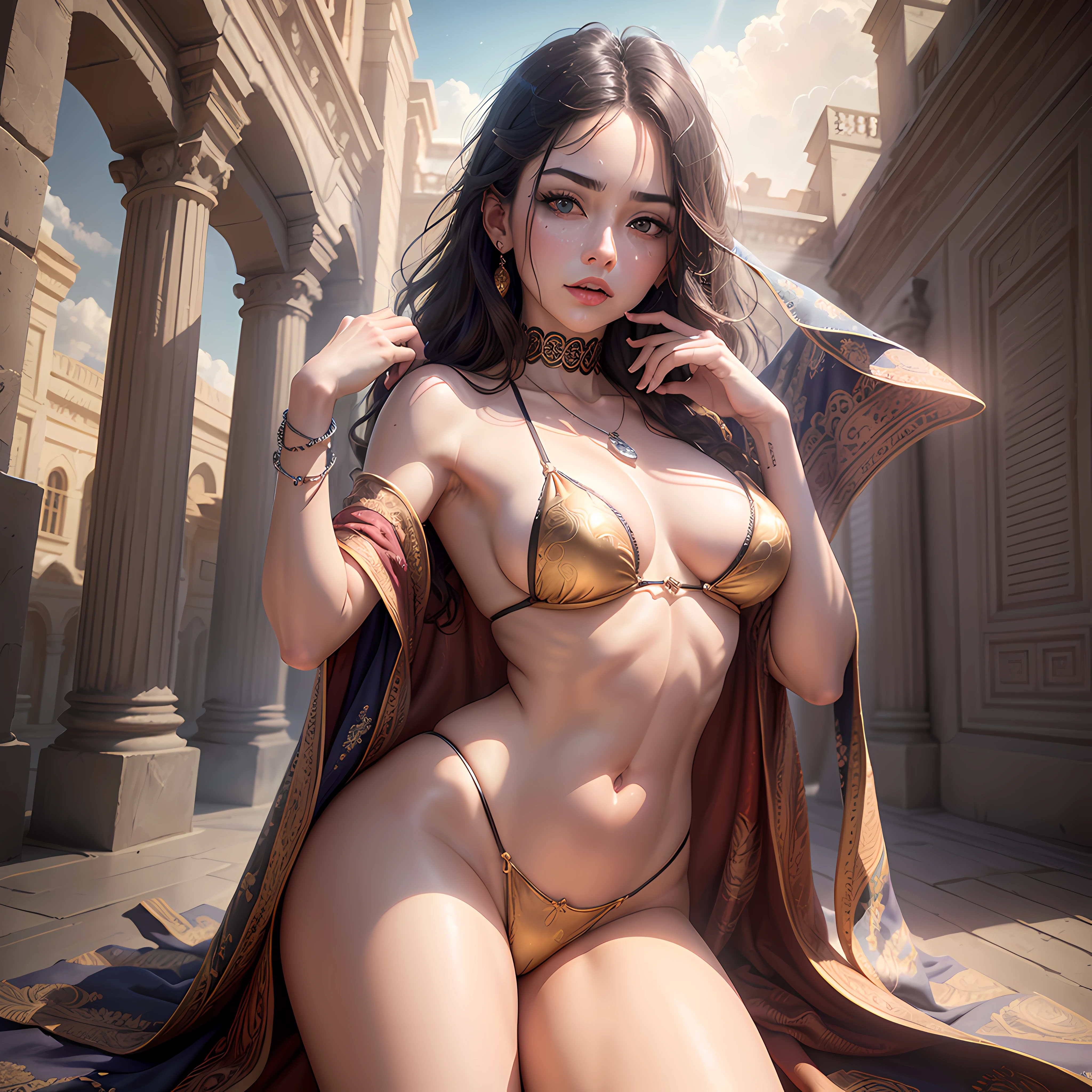 Quality - unparalleled masterpiece, ultra realistic 16k CG, Perfect artwork, (Detailed accessories),
Character - Fashion ultra beautiful Latin American girl, (perfectfemalebody), Mature female, Narrow waist, Clean, Changeable and beautiful face, Pure face, Pale skin, absurdly long golden hair, (F cup of large breasts, breasts in, puffiness, small, middle areolae), Divine goddess, Shiny skin, dent in the skin, (Rich:1.2), Colorful eyes, 
Background - (The sky is dreamy, Colorful cloudscape in the evening):1.5, The beauty landscape of the cosmic sea gradually entered our retinas, On the luxurious roof balcony of the ancient and complex Royal Palace，Lift a perfectly slender leg above your head in gorgeous baroque style,
Cloth - (Chinese embroidered hollow cloak, Translucent lace, Lace trim, lace-trimmed legwear, delicate patterned, intricate precision structure, prestige, Gorgeous, (Jewelry chain to rope by Japanese bondage with diamond pattern and bracelet necklace):1.5,
Emotions - sexy, Pout, Shy, Blush, Ear blush, puckered lips,
Light and shadow - adjust light and shadow according to the shape and position of character and objects, reflective light, Ray tracing, speed-line,
pose proportion - absolutely accurate human anatomy, best for human proportion and size,
viewport- looking at viewer, eyes reveal challenge and temptation,