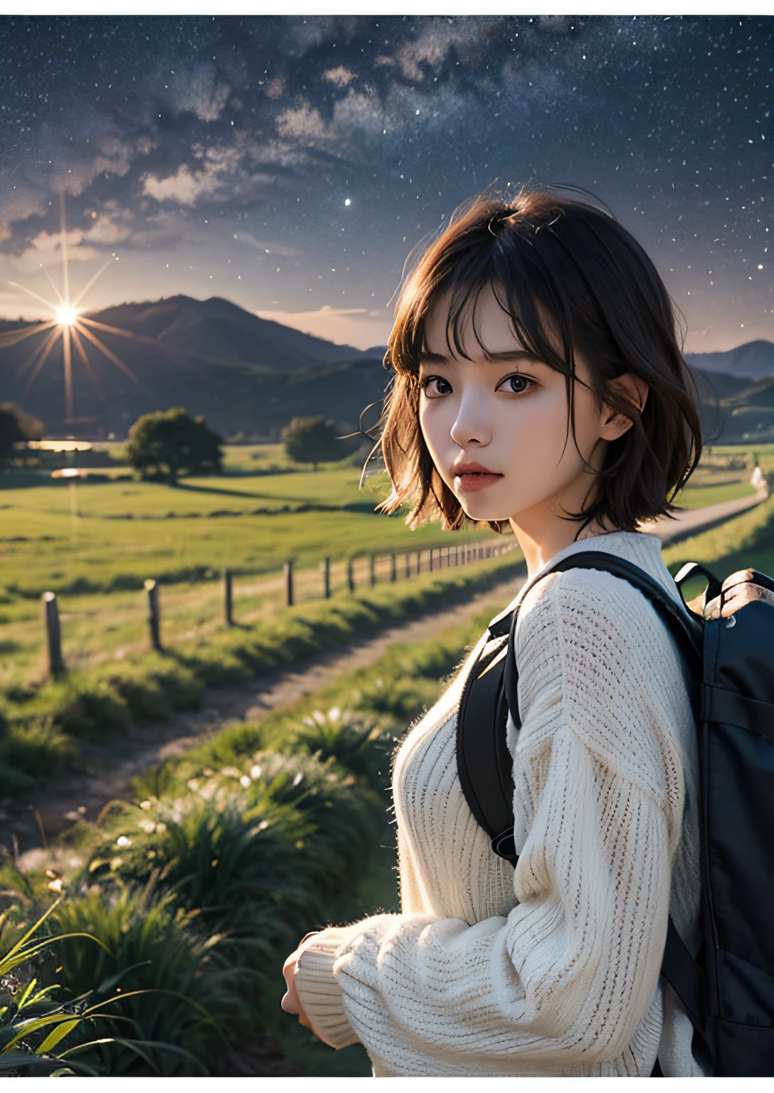 The vast starry sky,the beautiful skyline,Large grasslands,Intense and dramatic imagery,the moving visual effects,the high-hanging Polaris,Colorful natural light。A long-sleeved top,denim short,A girl with short hair carrying a backpack。