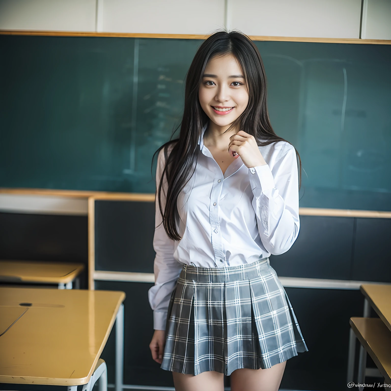 Japanes lady、(RAW photos、BEST QUALITY、A Masterpiece:1 )、high definition RAW color photos、professional photos、(lifelike、Realistic Photo:1.37)、ciinematic light、1 Mature woman unforgettable smile、hair messy、Floating hair、Super Detailed、school classroom、Wearing a Y-shirt-Ribbon and gray plaid miniskirt and loose sock shirt、Standing、Full Body Image、