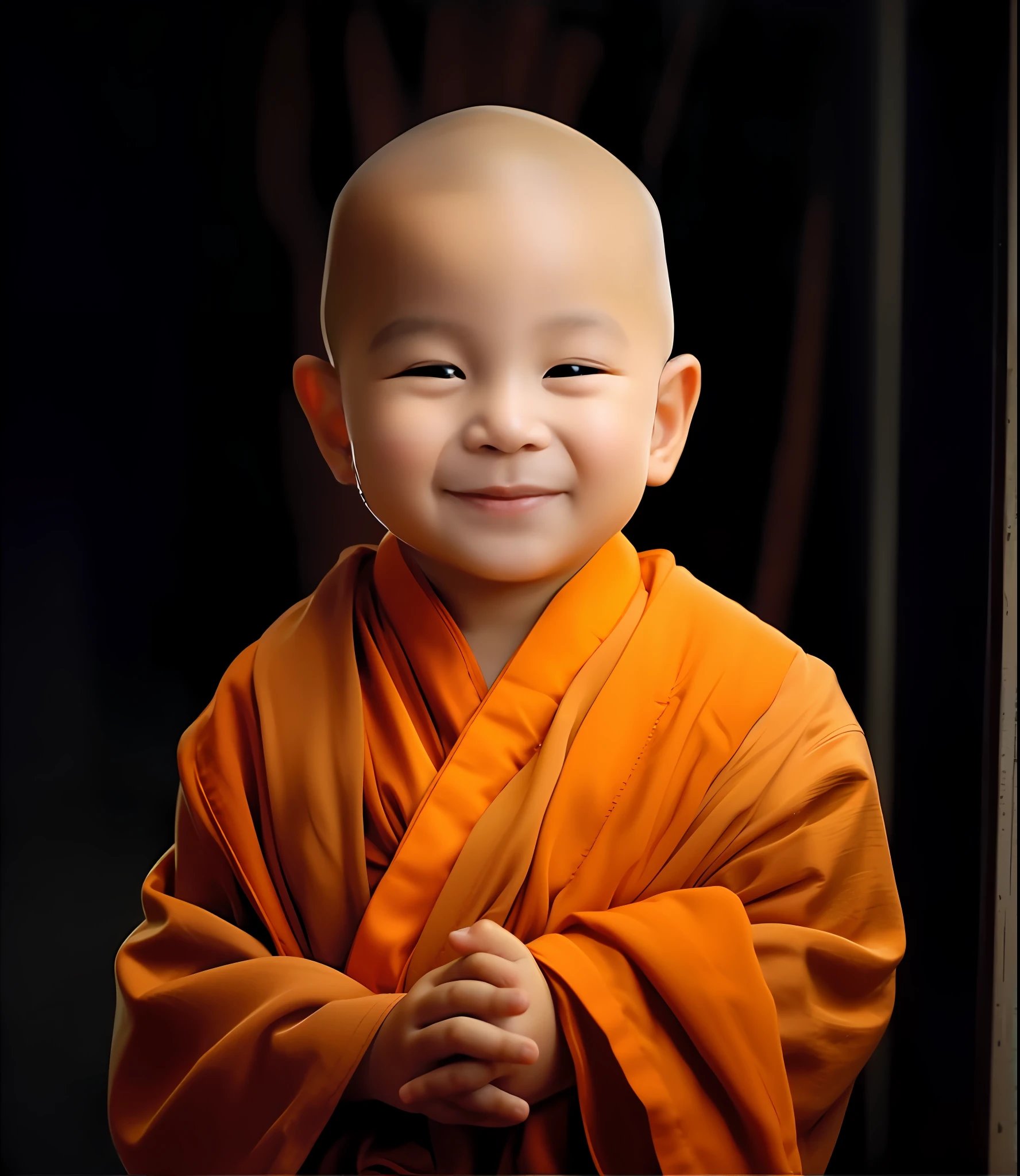 a close up of a child with a bald head and orange robes, buddhist, buddhist monk, portrait of monk, serene smile, Monk, monk clothes, buddhism, 2 1 st century monk, Serene expression, little shy smile, portrait shooting, monk meditate, lite smile, peaceful expression, Innocent smile, beautiful and smiling, happy and spirited expression, Sweet smile