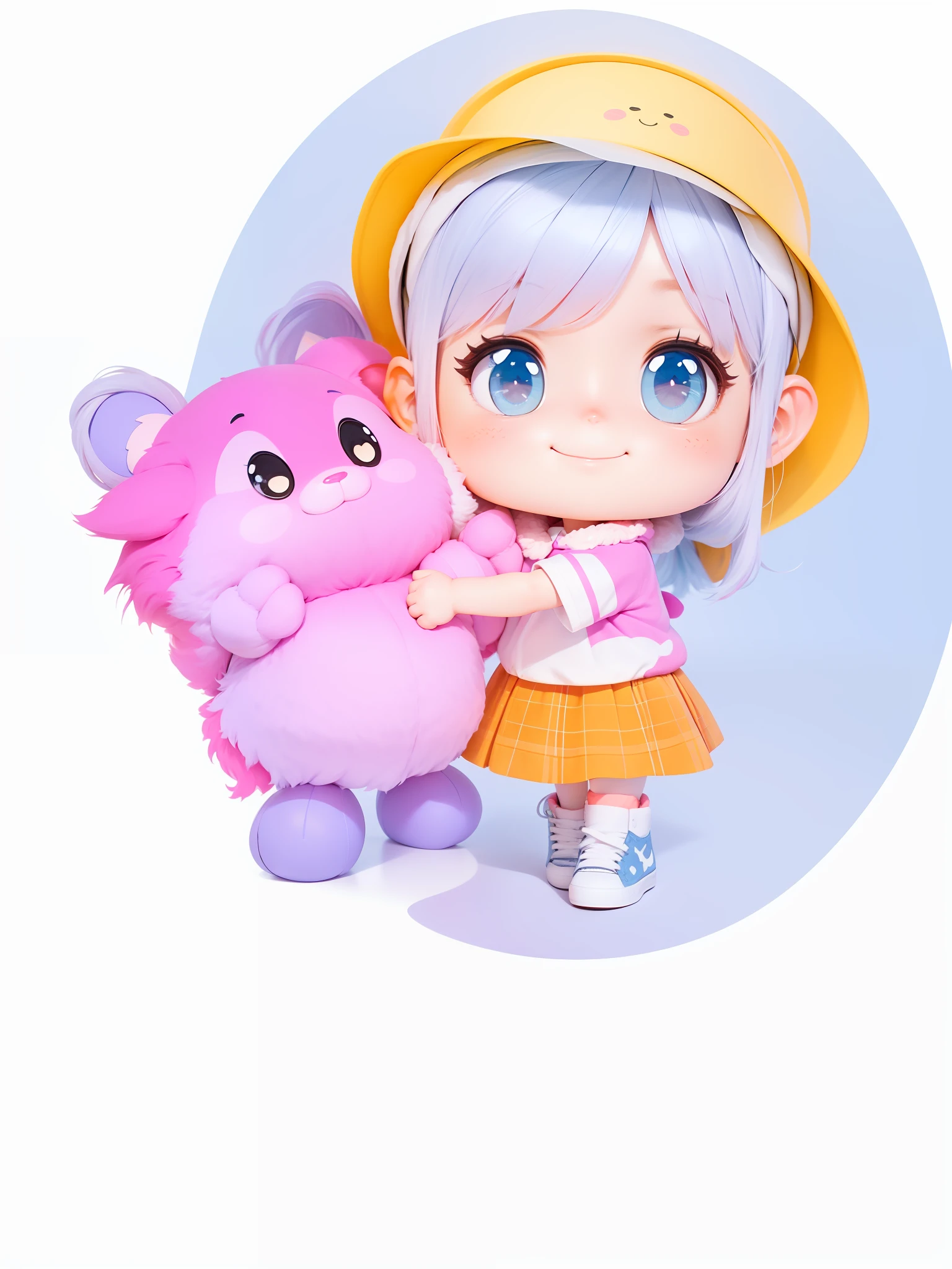 (Daisaku),(Need),(Super meticulous),(body complet:1.2),1girl,Chibi T-Shi,lovly,smil,The girl turned sideways,Holding a fur toy in your hand,Short sleeves in pink and white on the upper body,Plaid skirt at the bottom,Pink sneakers