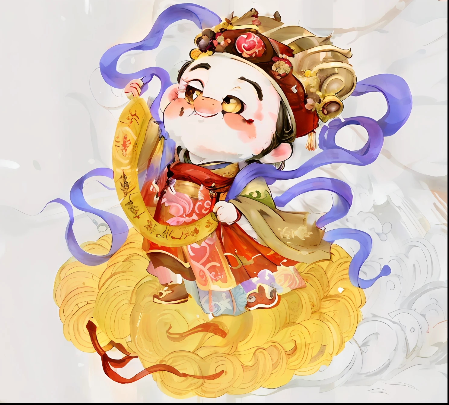 Cartoon character in hat scarf, Inspired by Chinese mythology, Chinese style painting, Park Hua, Guan Daosheng, Gong Xian, Wu, Hu Zaobin, Dong Yuan, Xie Huan, Lu Guang, God of Wealth, etc，Present close-ups，The output contains highly saturated colors，Mysterious atmosphere，The god emperor of mankind can be vaguely seen。