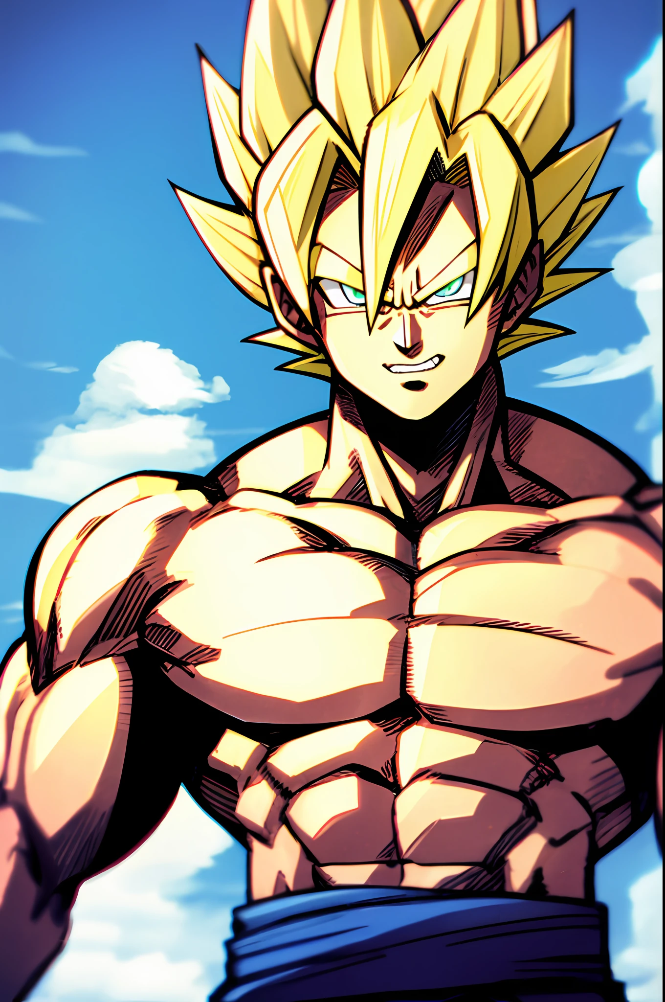 son goku, 1boy, bravo, dano de batalha, cabelo azul, faixa azul, dentes cerrados, furioso, olhos verdes, foco masculino, musculoso, macho musculoso, peitorais, faixa, solo, cabelo espetado, super saiyan blue, super saiyan 1, dentes, homem em topless, roupas rasgadas, pulseira, ((obra-prima))