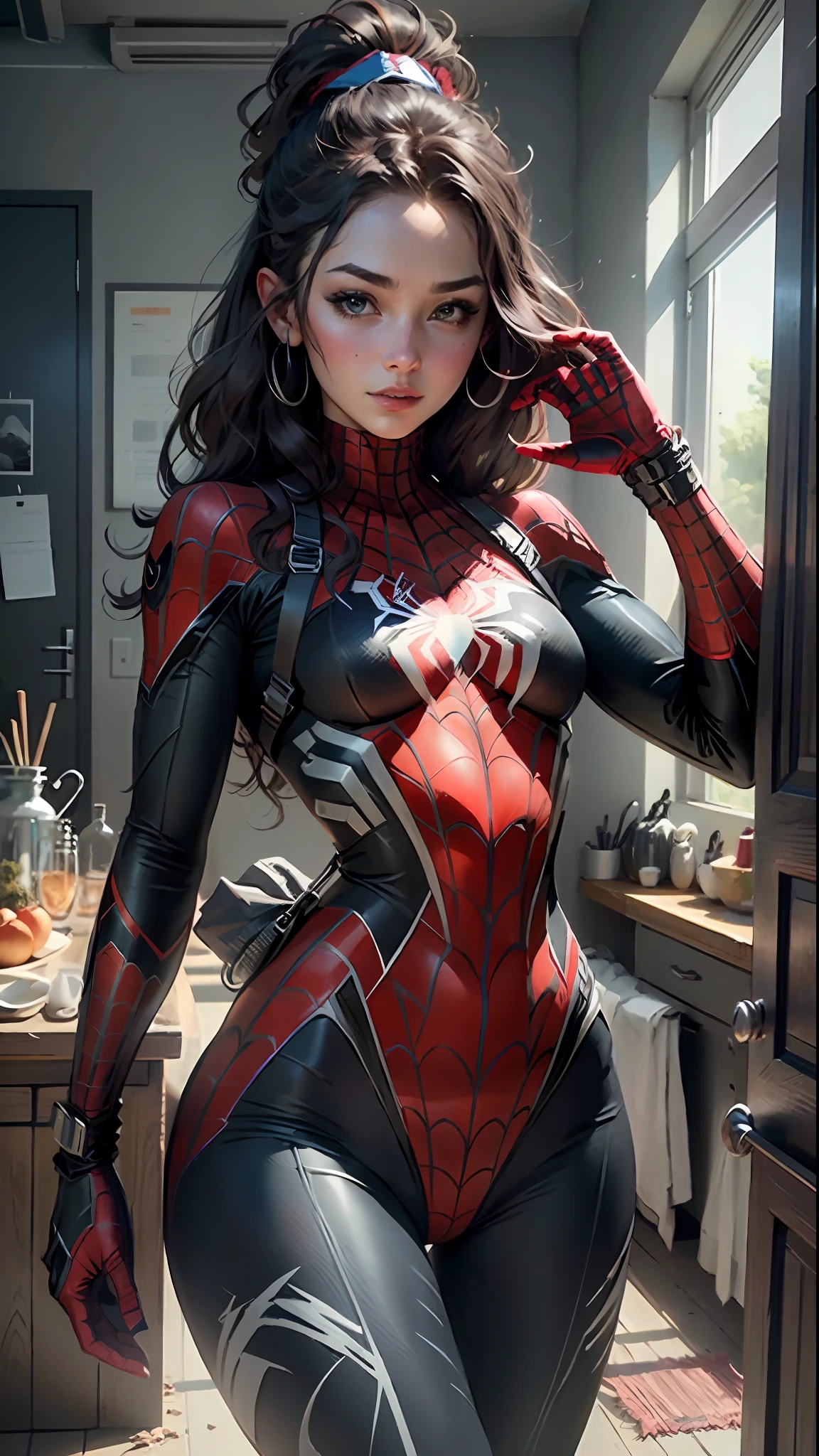 Beautiful woman detailed defined body using spider man cosplay, small breasts