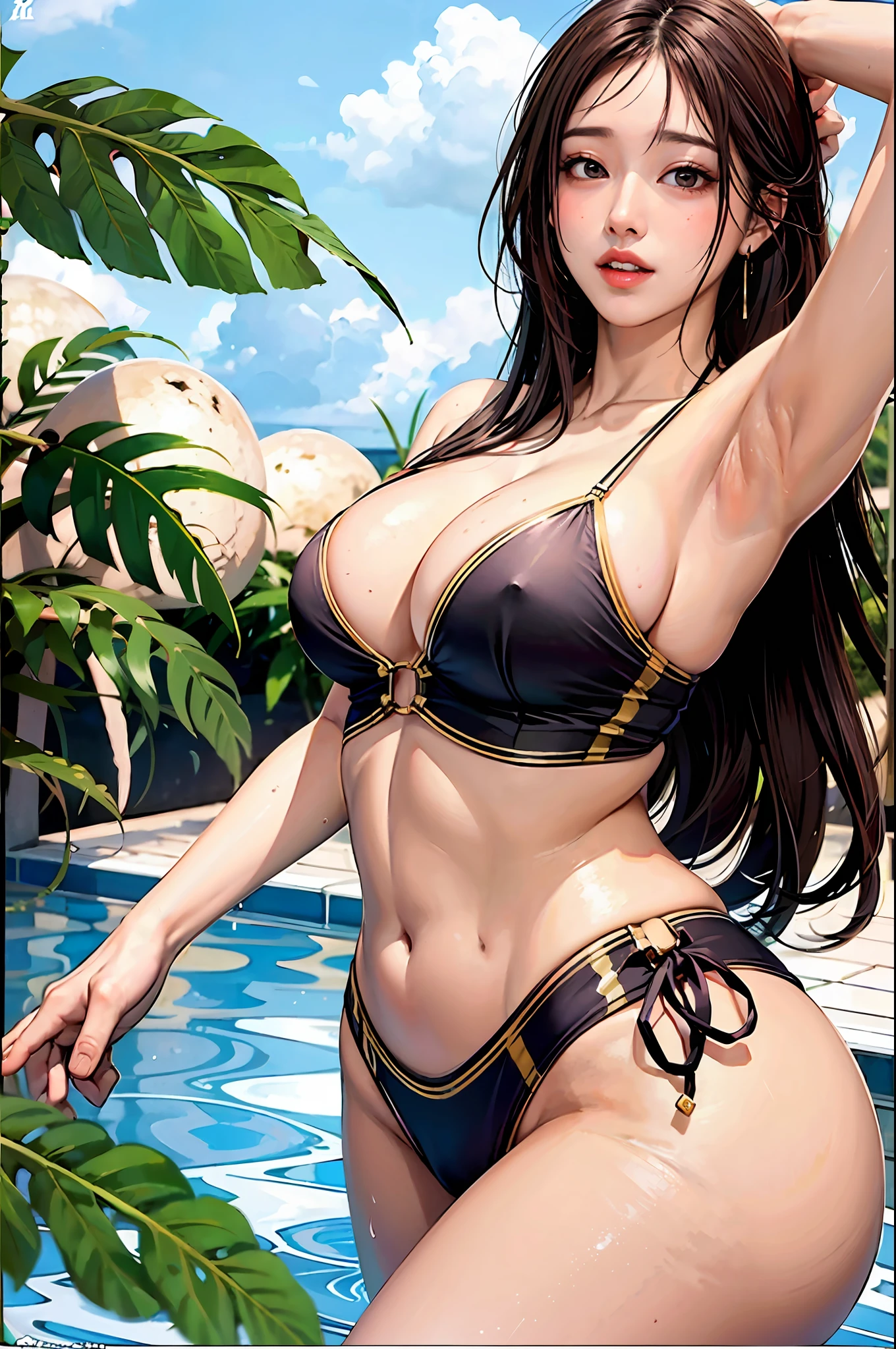best quality: 1.1), clean face, (masterpiece: 1.2, 8k)(PureErosFace_V1:0.7), perfect anatomy, detailed, medium plane, (wide hips: 1.2), masterpiece, best quality
1girl, solo, long hair, breasts, looking at viewer, blush, black_hair, jewelry, very long hair, swimsuit, ass, bikini, earrings, water, huge breasts, wading, red bikini, huge ass