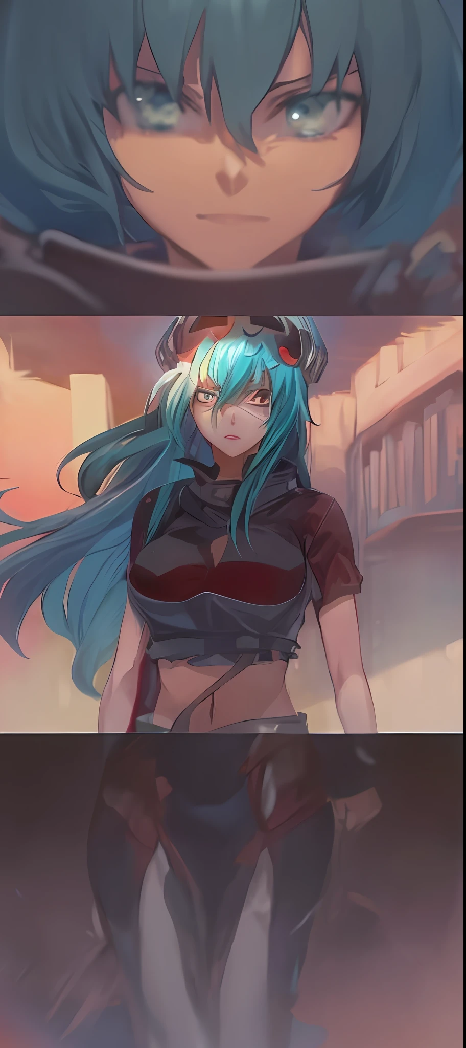 a close up of a person with blue hair and a hat, Anime girl with teal hair, style of gurren lagann (2007), anime monster girl, 2d anime, in an anime, anime girl named lucy, as an anime character, rogue anime girl, anime figure; fullbody art, rogue anime girl ayanami rei, 2 d anime style