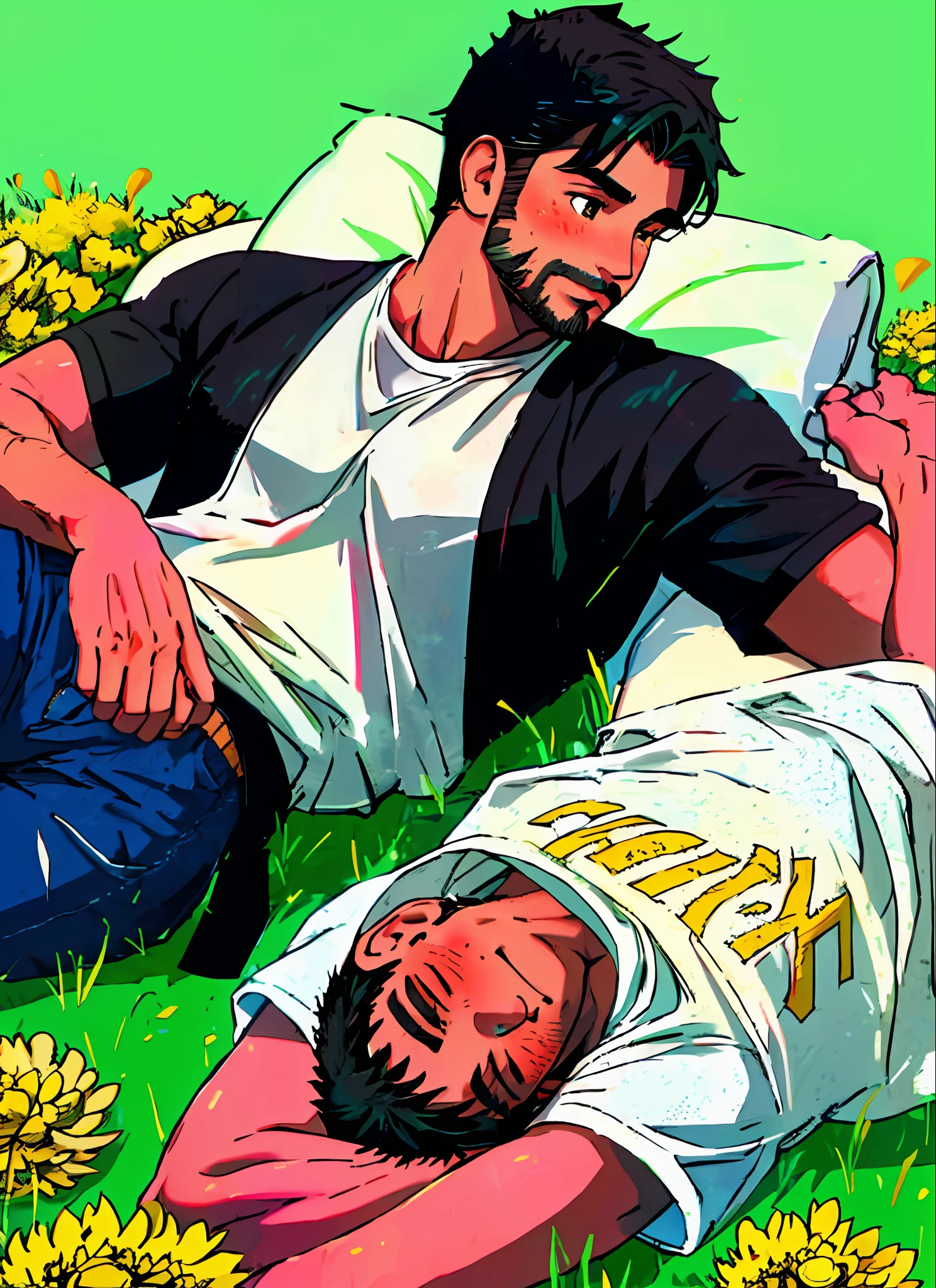 Young man lying down on a field of dandelions. Soft black hair, black pupils, south east asian ethnicity, casual clothes, athletic build, soft smile, faint blush, short black stubble facial hair, casual clothes. Anatomically correct body.
