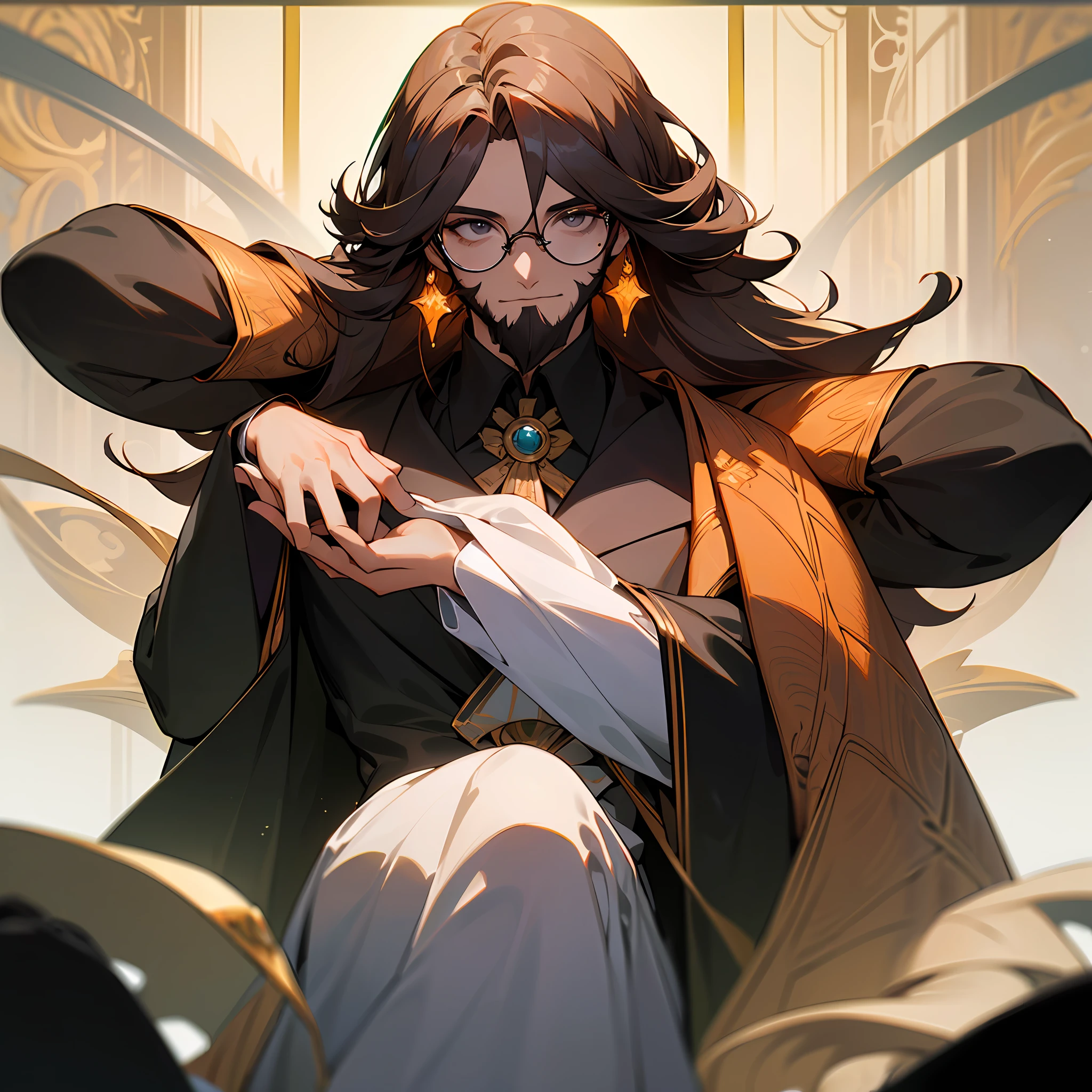 (promessa de obra-prima), (o melhor em qualidade), (ultra-detalhado), (impressionante), (terno elegante), (cabelo liso e comprido), (barba grande e preta), (emphasis on skin), (1 homem), glasses with bright lenses.