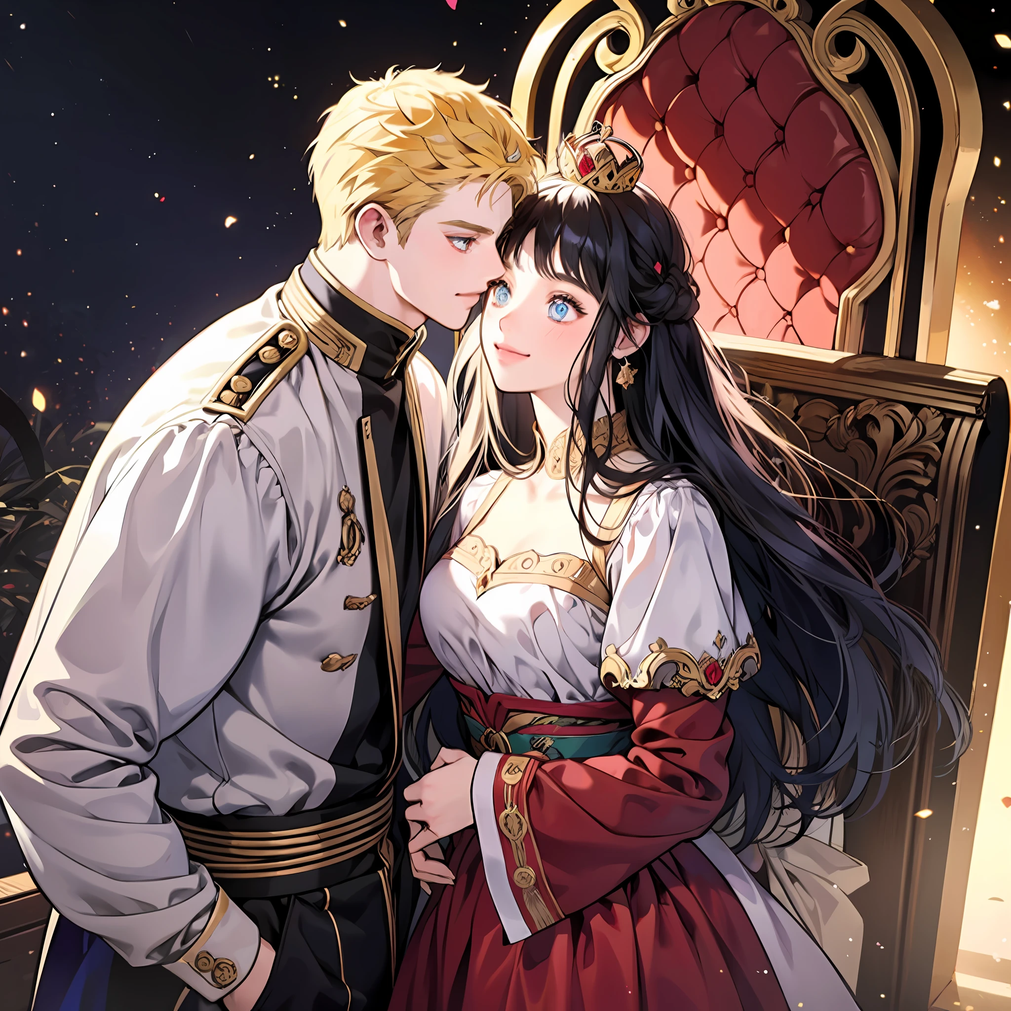 blonde man, dark blue hair girl, naruhina, throne, masterpiece, couple, standing, royalti, nobility, (((crowns))), king, queen, looking into each other eyes, romantic, smile