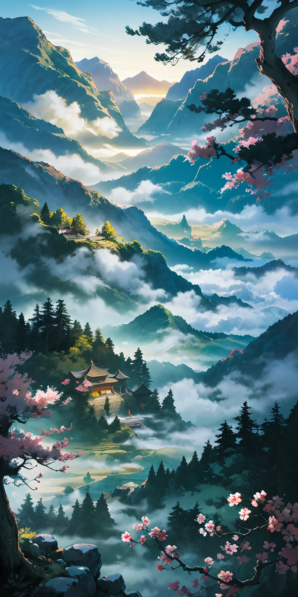 “（（masterpaintings）），High quality，Super meticulous，A majestic ancient Chinese city in the mountains，surrounded by cloud，dense fog，Immortals，peach blossom，maple tree，stunning lighting effects，A spectacle of pure natural beauty。”