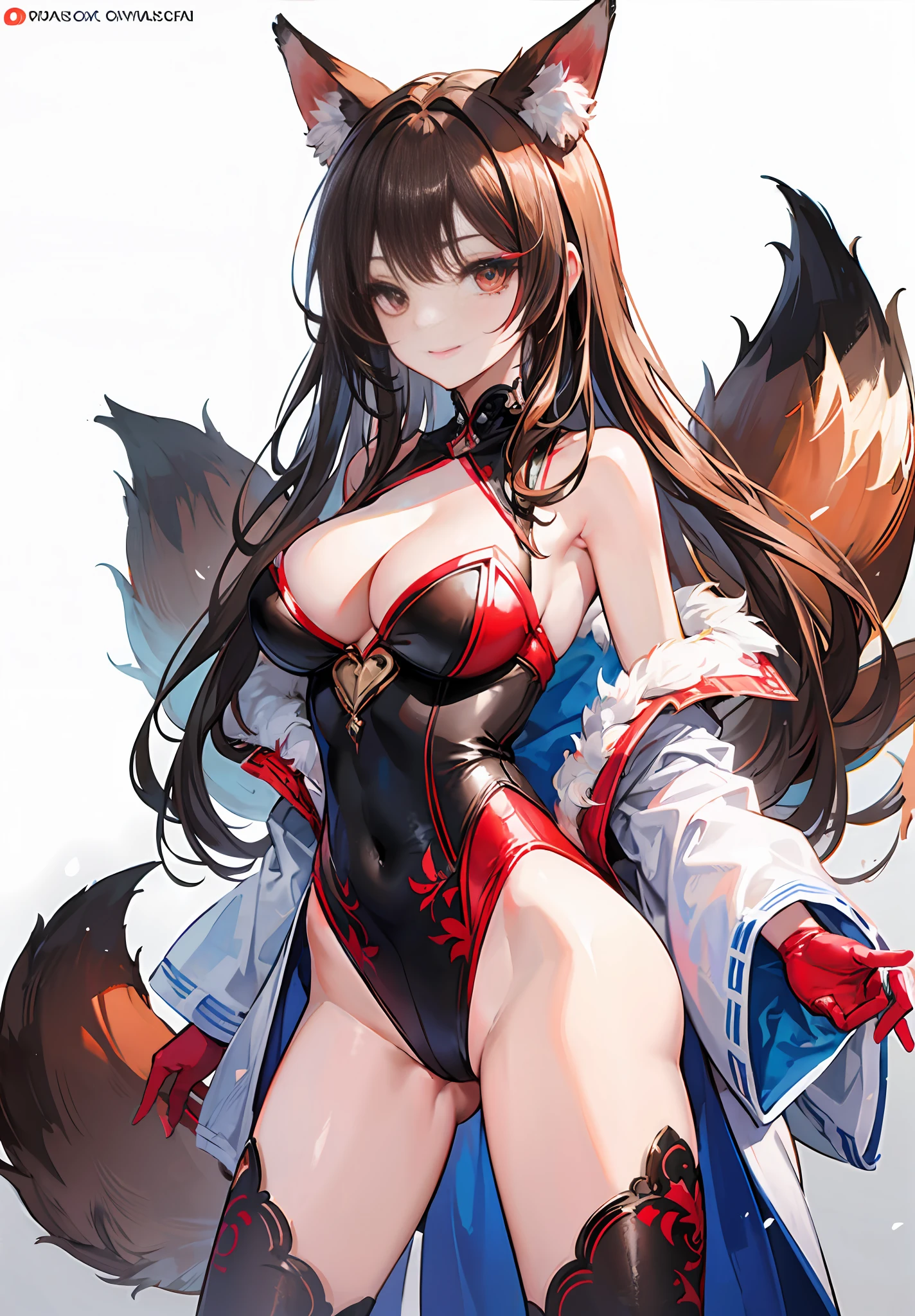 (Masterpiece, 4k resolution, ultra-realistic, very detailed), 1 girl, fox ears, fox girl, (multiple brown fox tails:1.5), sidelocks, brown hair, very long hair, bangs, (red eyes1.6), (red eyeliner:1.6), beautiful goddess woman, 40 years old, cleavage, red highleg leotard, japanese clothes, perfect body, gloves, smile, (simple background:0.6),