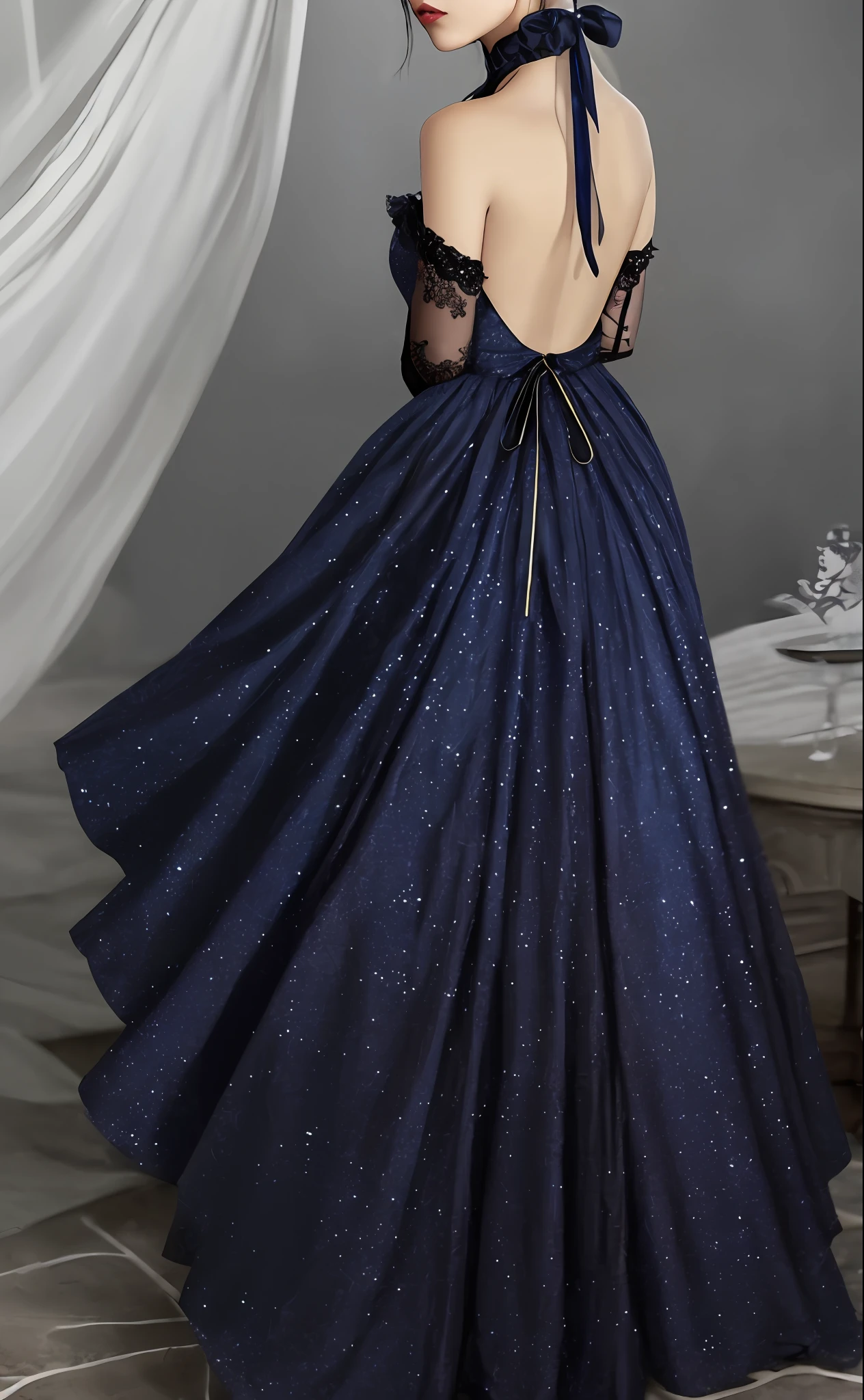 1girl, wearing this dress, beautiful, long hair, from behind, fantasy dress, decorative dark blue clothing, magical dress, black gothic ta dress, regal dark blue clothes, dark astral dress, gold brocaded dark blue clothes, elegant dark blue dress, dark blue and black, dark blue clothes, wearing fantasy formal clothing, big dark blue ribbon