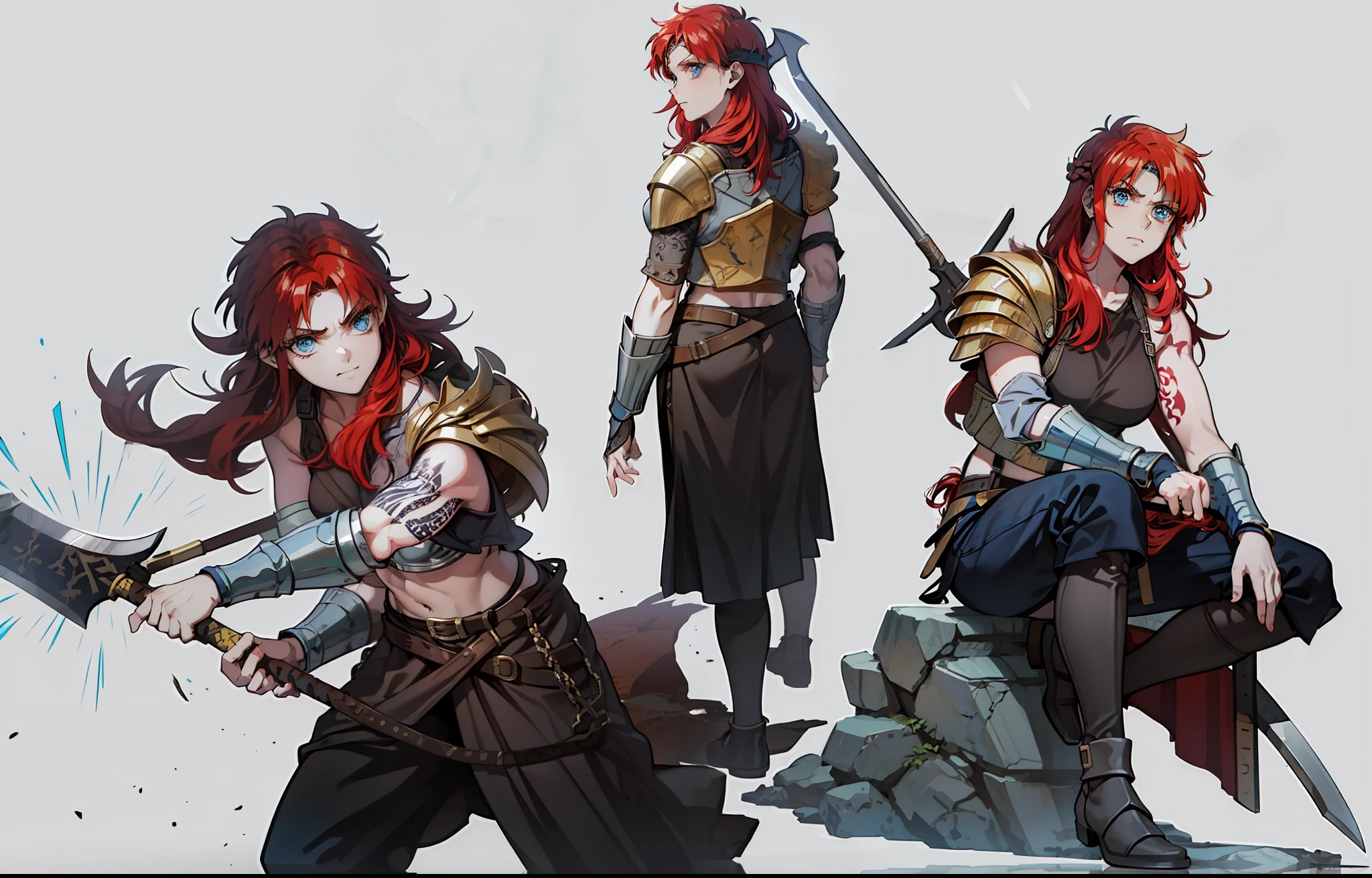Boadicea, red-haired Viking warrior with Nordic armor and rune tattoos on her body and blooming blue eyes holding an axe, 4k