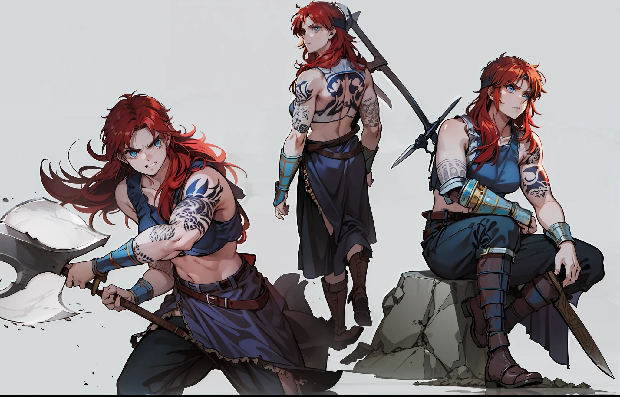 Boadicea, red-haired Viking warrior with Nordic armor and rune tattoos on her body and blooming blue eyes holding an axe, 4k