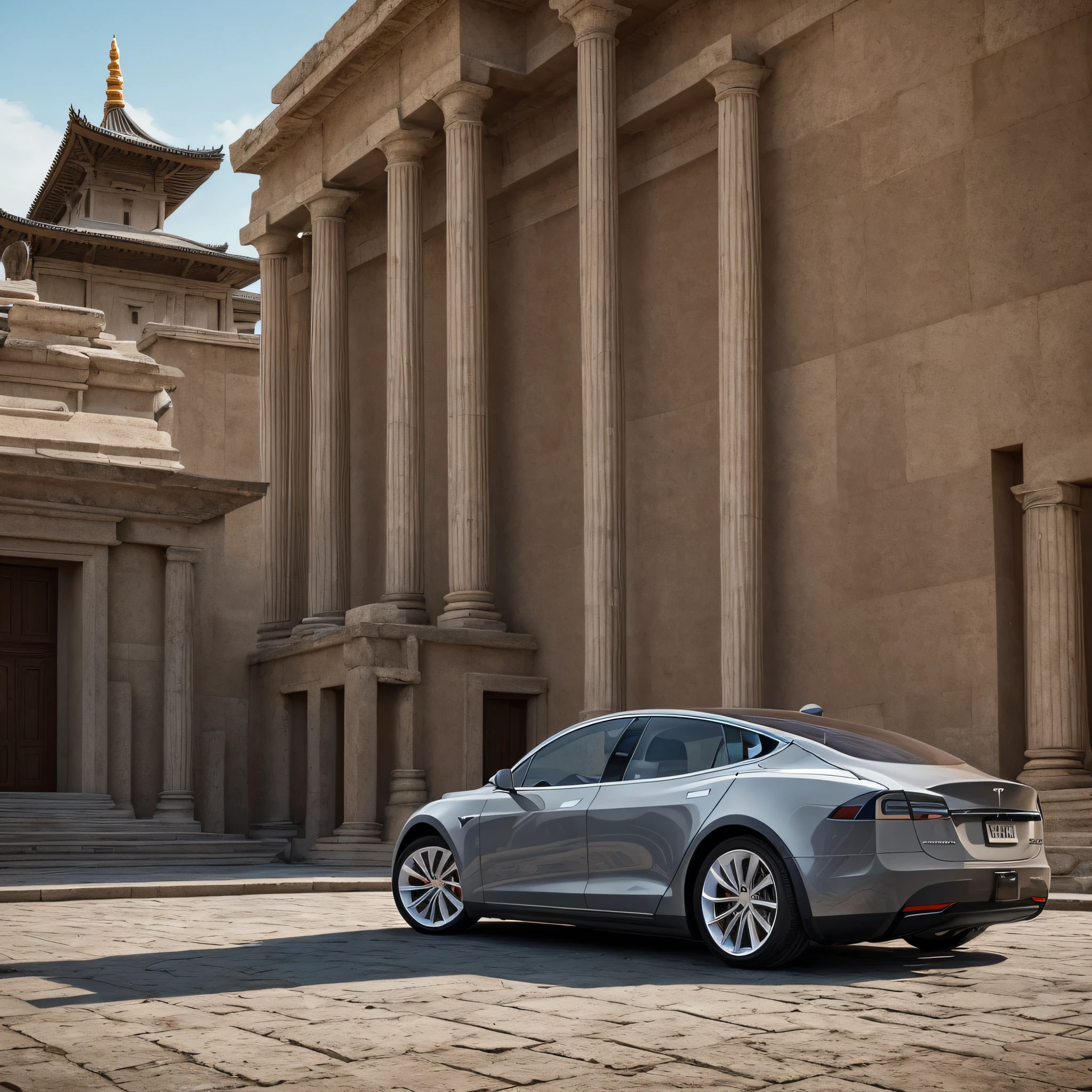 (8K,Best Quority:1.2),(masterpaintings:1.37),(The photograph,真实感:1.37),(ultra-high-resolution),body complet,Road run,shot from front,Tesla Future Technology theme car,(Light silver armor:1.2),(ighly detailed,blooms:1.5),(HighestQuali,Alessandro Casagrande,Greg Rutkowski,Sally Mann,concept-art,4k),(the mock turtle:1.2),(High sharpness), Detailed bodywork and background, Masterpiece, best quality, (Highly detailed photo:1.1),sharpest, (Perfect body:1.1), realistic, real shadow, 3d, (temple background:1.2), (by Michelangelo), photography of:Canan EOS R6, 135mm, 1/1250s, f/2.8, ISO 400 --auto
