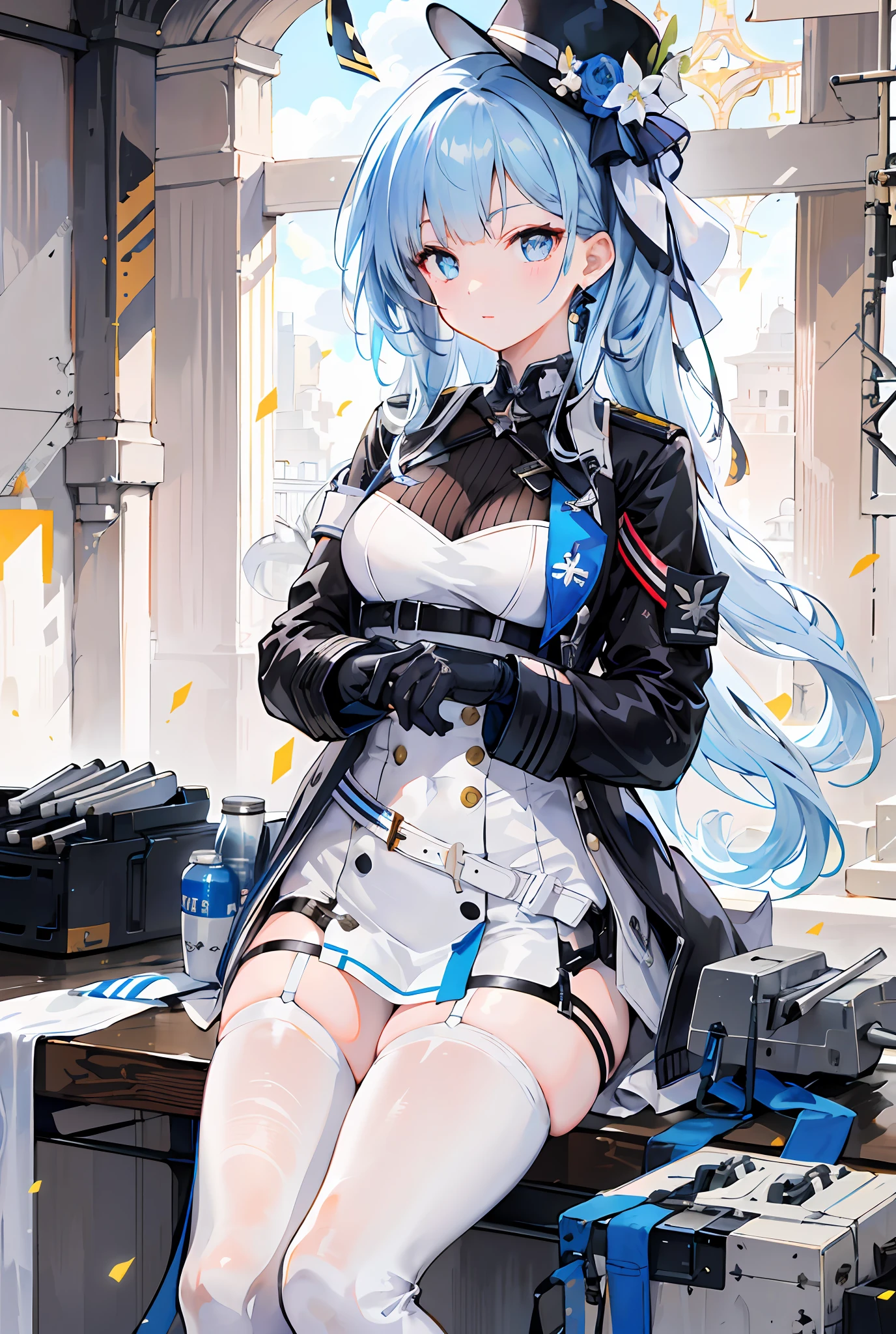 White Very Long Hair，Blue pupils，White suspender thigh boots，white long gloves，White elbow long gloves，White high-heeled thigh boots，White thigh boots，White belt，White leg rings，white dresses，Blue sole，sit on a bed，white bustier，your legs，Blue belt，Flashy clothes，Anime girl sitting on table，Fine details. Girl Front, from girls frontline, girls frontline style, azur lane style, Kantai collection style, come from《azur lane》videogame, Best anime 4k konachan wallpaper, Girls Frontline CG, trending on artstation pixiv, high detailed official artwork, style of anime4 K