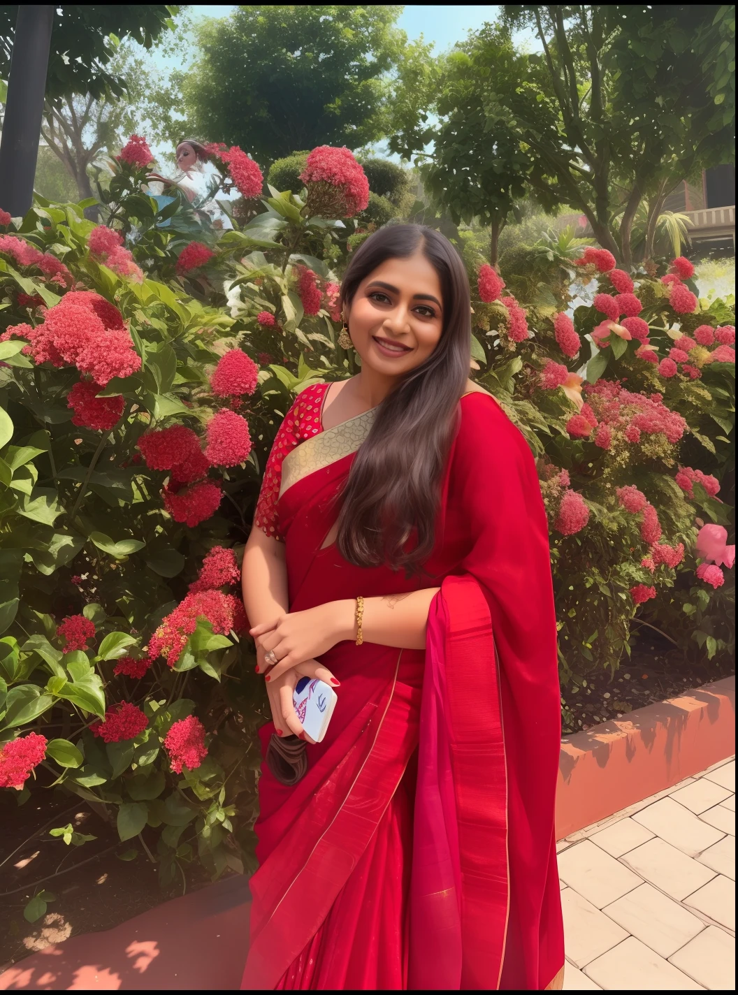 a woman in a red sari standing in front of a bush of flowers, candid picture, dressed in a sari, wearing a sari, wearing sari, with lovely look, at college, photo taken in 2 0 2 0, about 3 5 years old, by Max Dauthendey, wearing red attire, in red background, with a happy expression, traditional beauty