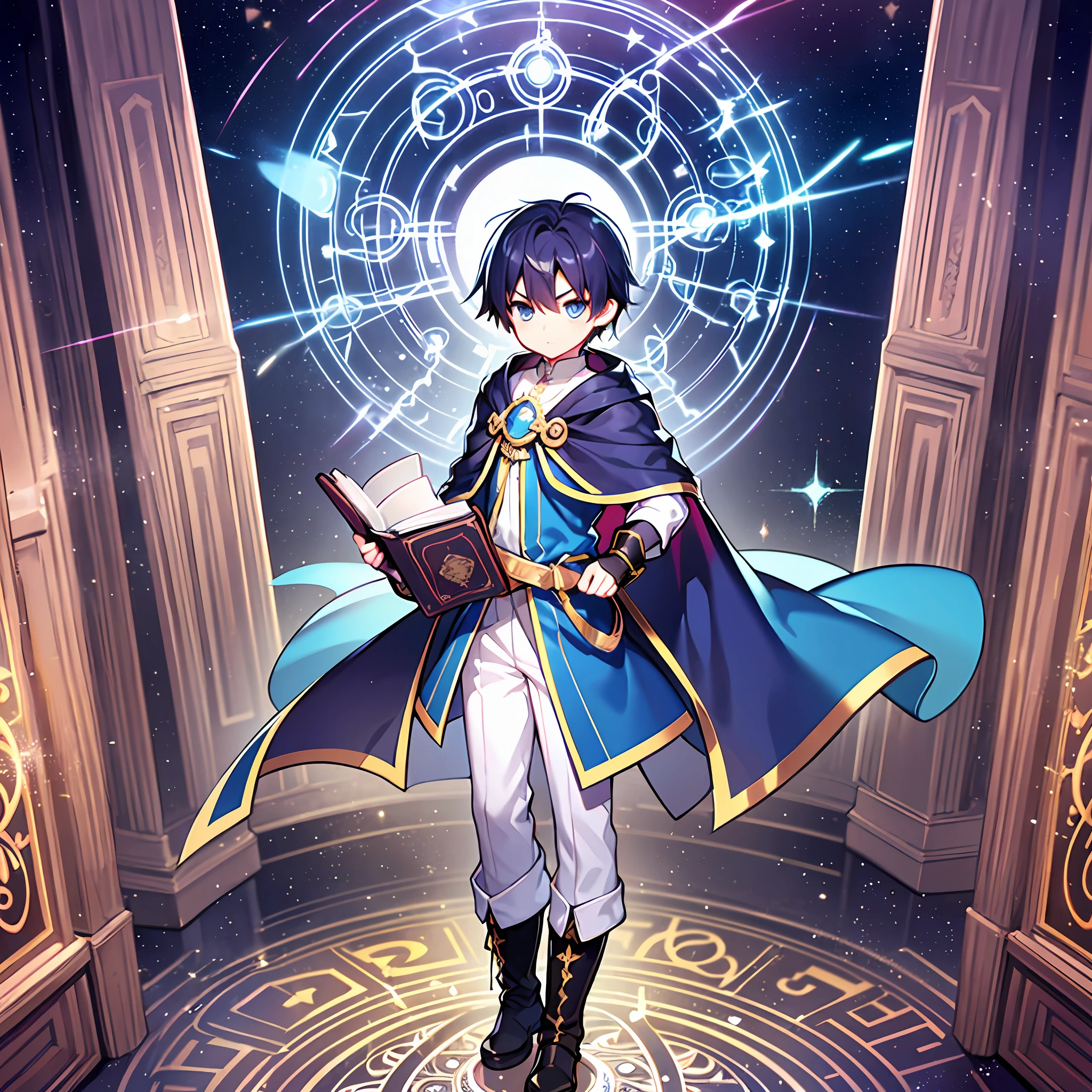 Game CG，(((younge boy)))，Sense of childhood，Master Apprentice，Blue and white priesthood，boots，Magic Book，Magical Circle，Serious，starry light，Light particle effects，Full body photo，