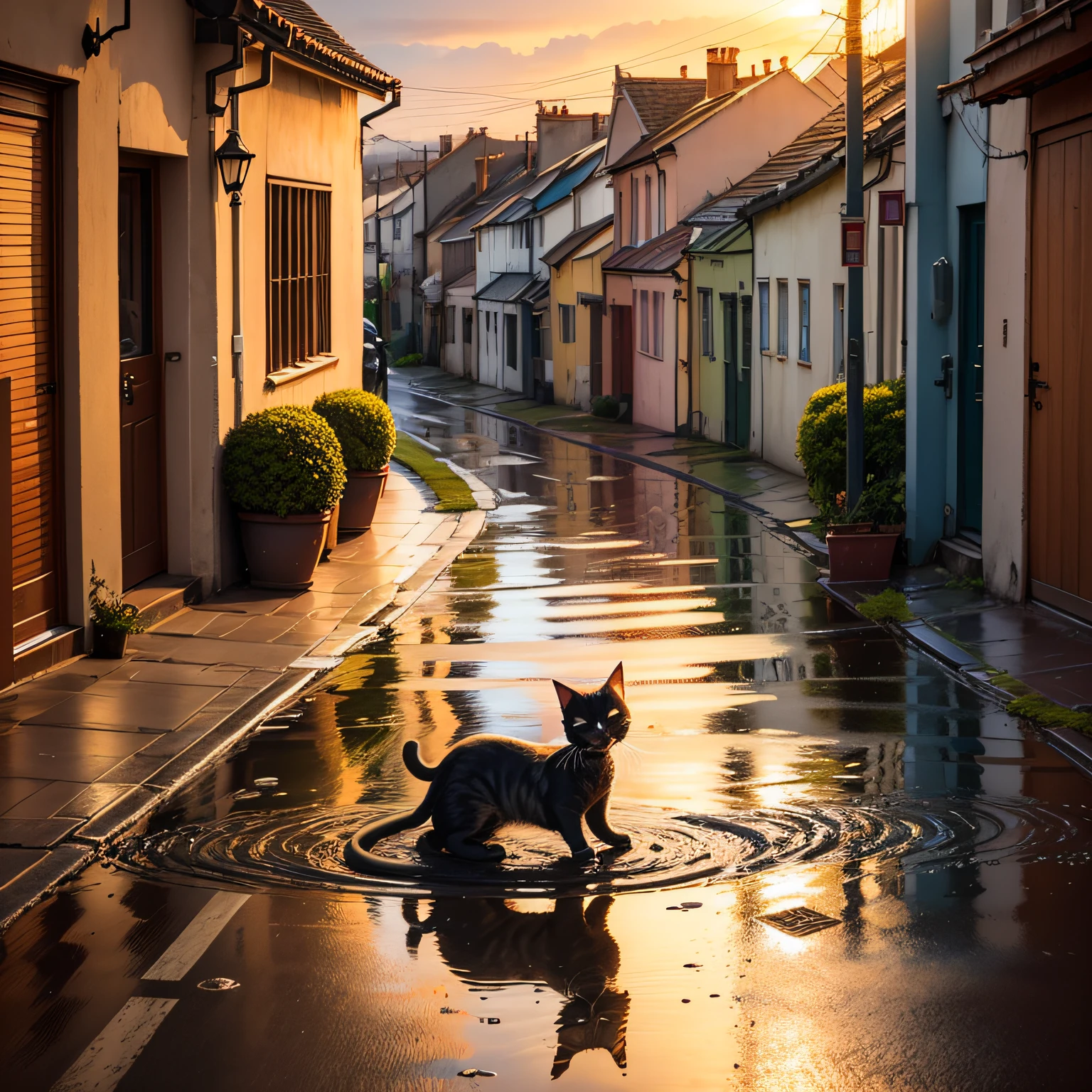 European-style street Sunset Raining Road area water The cat lies on a wooden box by the side of the road --auto
