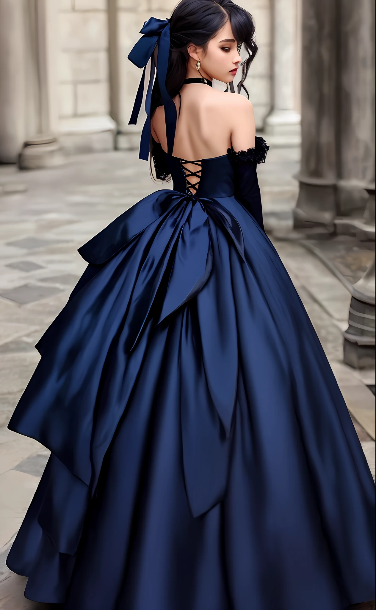 1girl, wearing this dress, beautiful, long hair, from behind, fantasy dress, decorative dark blue clothing, magical dress, black gothic ta dress, regal dark blue clothes, dark astral dress, gold brocaded dark blue clothes, elegant dark blue dress, dark blue and black, dark blue clothes, wearing fantasy formal clothing, big dark blue ribbon