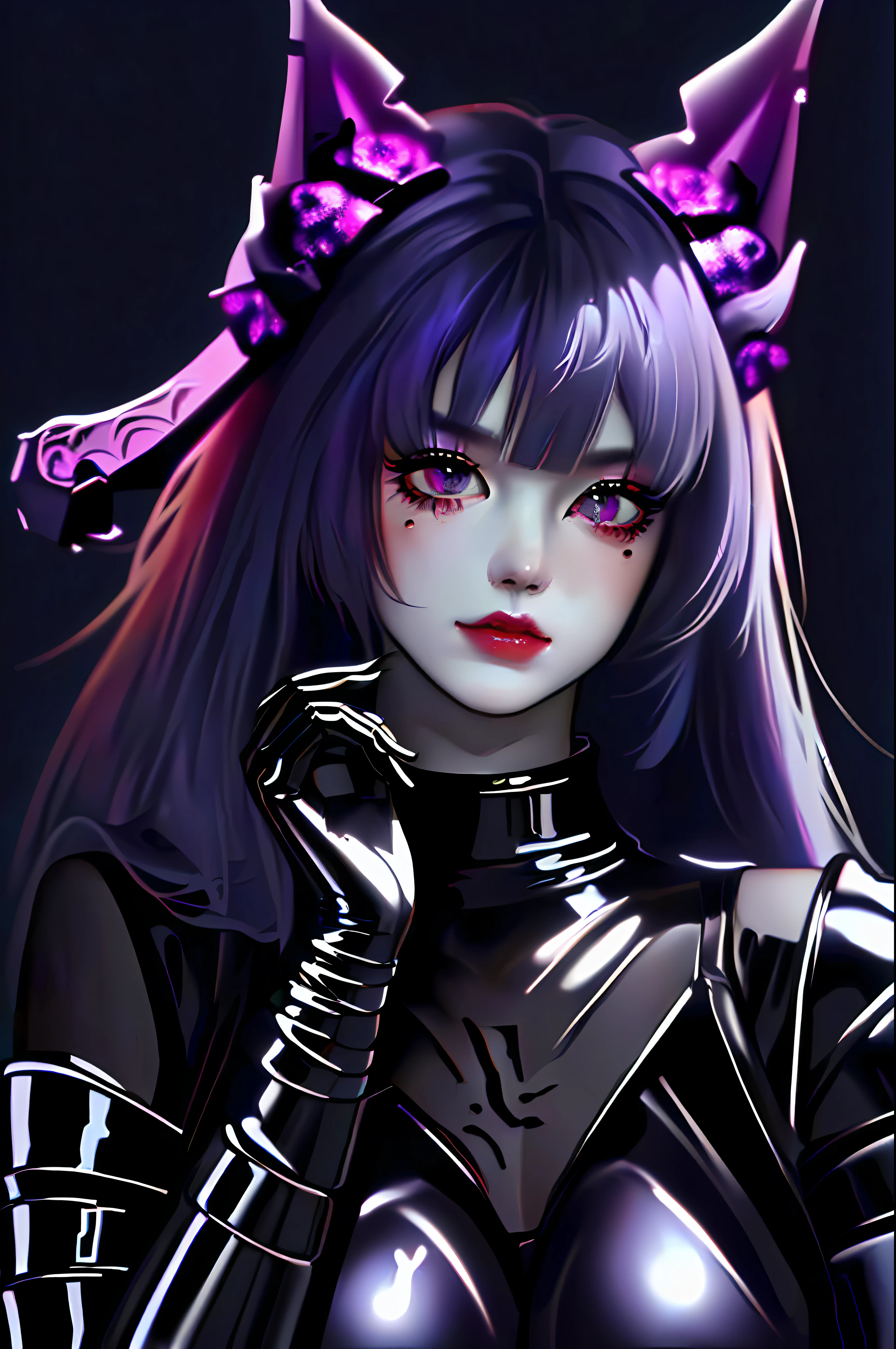 portrait, masterpiece, best quality, (photograph:1.3), (beautiful oni, oni horns, 1girl, dynamic pose, evil, transparent kitsune mask, wind, ((latex armor:1.2)), tight clothing, long purple hair bangs, perfect face, glowing purple eyes), small breasts, (highly detailed), (perfect face),((eyelashes)), (realistic:1.4), perfect lips, spot color, black background, by artgerm and greg rutkowski, by guweiz and wlop and artgerm, by Akihiko Yoshida, Mark Arian, Sakimi Chan, Mogoon,