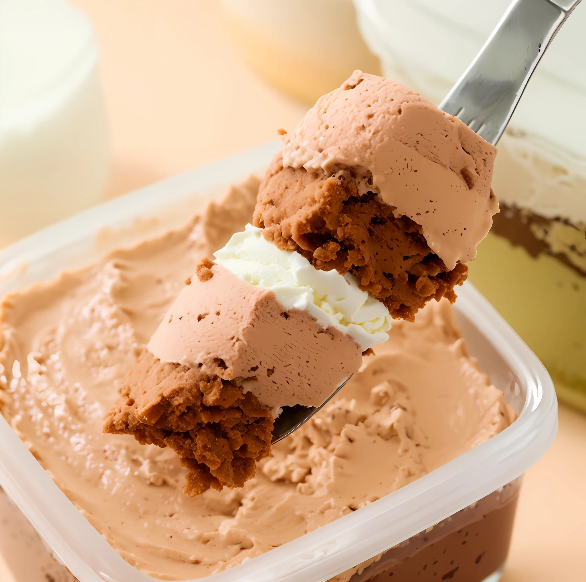 There is a fork,There is a piece of ice cream on top, chocolate frosting, recipe, whipped cream on top, mountains of ice cream, ice cream on the side, whipped cream, highly disturbing, humus, smooth blending, Outstanding detail, freezing, Dessert, Chocolate, highly textured, kek, ice cream, sea of parfait