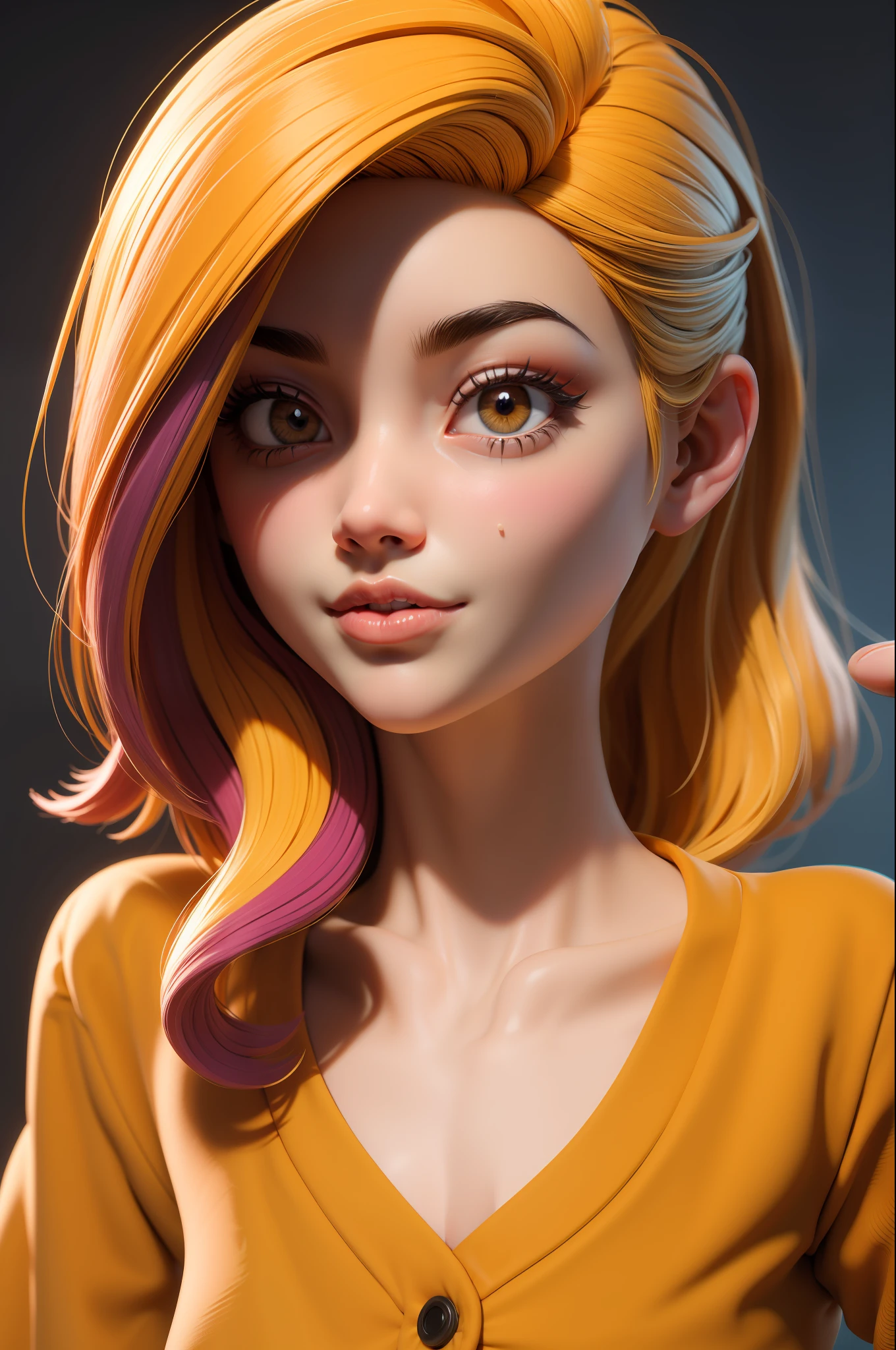 obra-prima, melhor qualidade, trabalho de rending 3d, estilo 3DMM, close-up, retrato, 3D, 1girl, solo, cabelo multicolorido, cabelo amarelo, cabelo laranja, colar, sardas, joias, cabelo de dois tons, olhando para o lado, realista, parte superior do corpo, fundo simples e claro, franja, olhando para longe, cabelo curto, separated-lips, olhos pretos,, gotic, gargantilha, maquiagem, mole, camisa amarela,