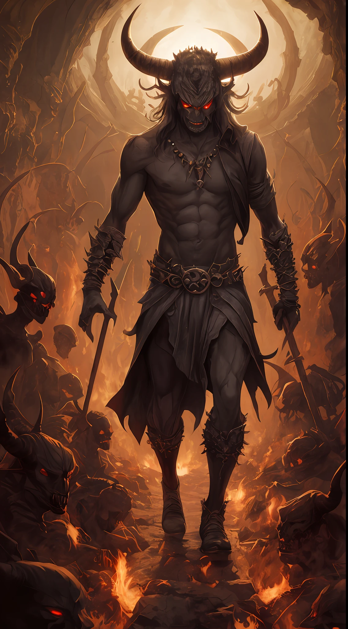 Beelzebub, Belfegor, satan, create a demon, walking to hell, through a path full of dead and pleasure, detailed body, with evil face and soulless, red skin, big horns, full body, highly detailed photorealistic 4k