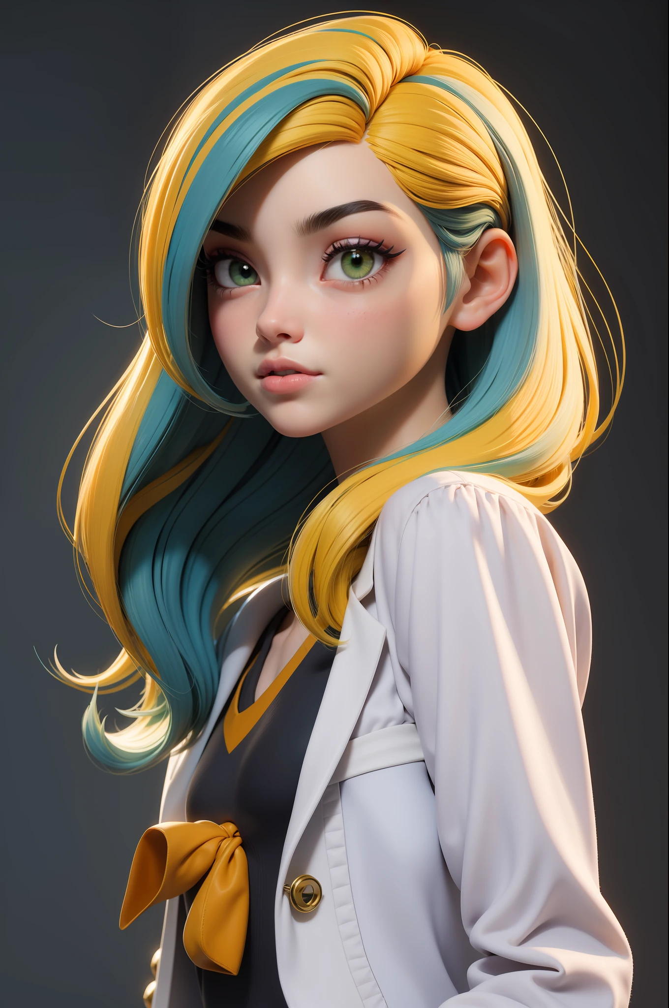 obra-prima, melhor qualidade, trabalho de rending 3d, estilo 3DMM, close-up, retrato, 3D, 1girl, solo, cabelo multicolorido, cabelo amarelo, cabelo laranja, colar, sardas, joias, cabelo de dois tons, olhando para o lado, realista, parte superior do corpo, fundo simples e Branco, franja, olhando para longe, cabelo curto, separated-lips, olhos verdes,gotic, gargantilha, maquiagem, camisa amarela,