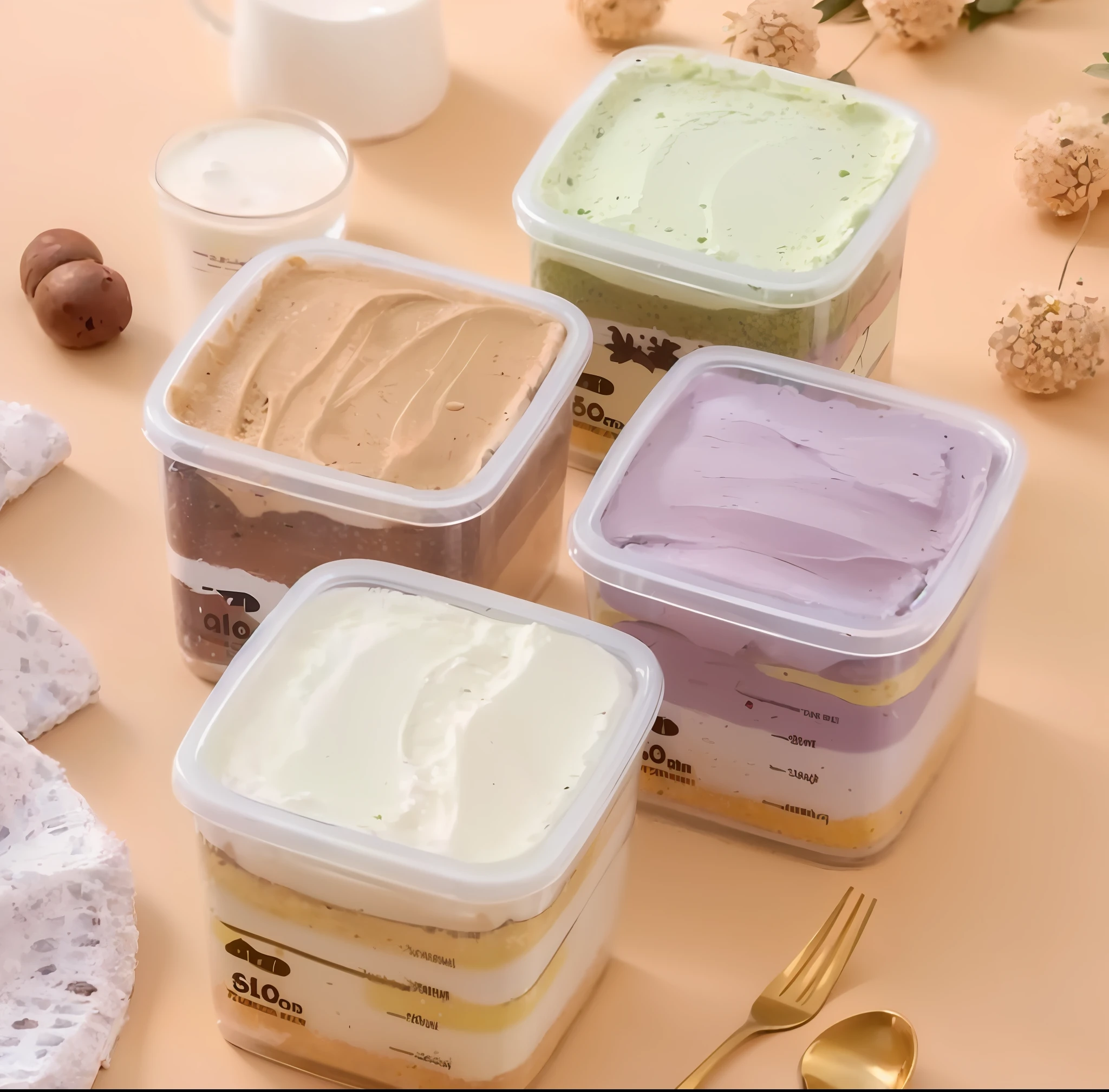A few boxes of ice cream are placed on the table,Take the golden cross, mountains of ice cream, humus, pastel cute slime, pastel colorful mold, delicacy, 3. Joy, ice cream on the side, blend, ice cream, pastel', 3 colour, high quality topical render, 6 packs, Handsome, 4 colors, Official product image, pastels, sea of parfait