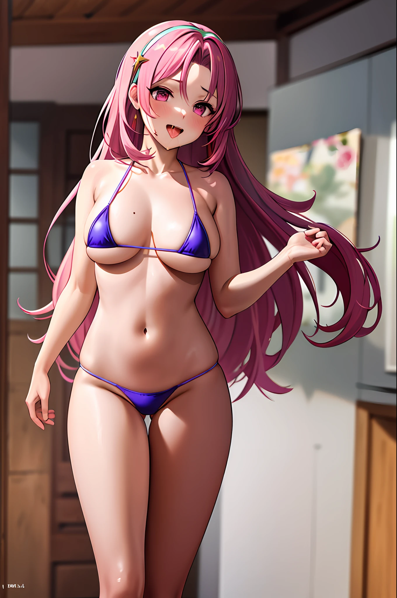 masterpaintings,need,A high resolution,AA2,length hair,hair bandni,partedbangs,exteriors,perfect body figure,blush on,Pink eyes,opening his mouth,thrust out one's tongue,(saliva),(big tit,1.2)(Tiny micro bikini),cowboy lens