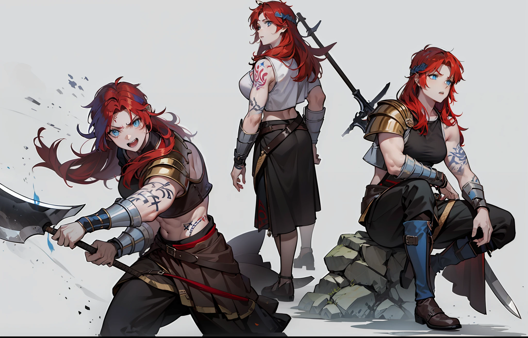 Boadicea, red-haired Viking warrior with Nordic armor and rune tattoos on her body and blooming blue eyes holding an axe, 4k