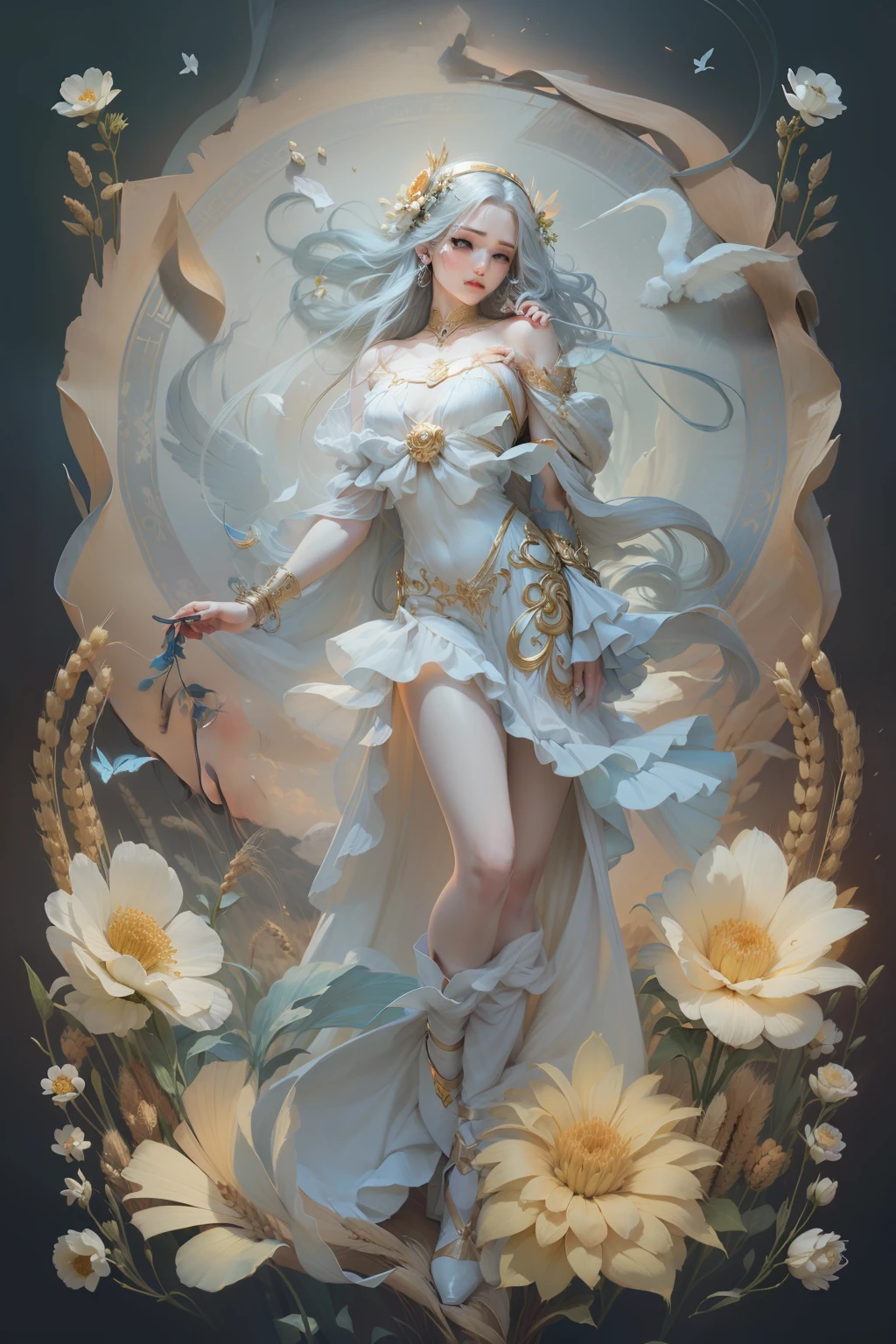 An exquisite Virgo zodiac, holding wheat and adorned in a Greek long dress, set against a serene backdrop. --auto