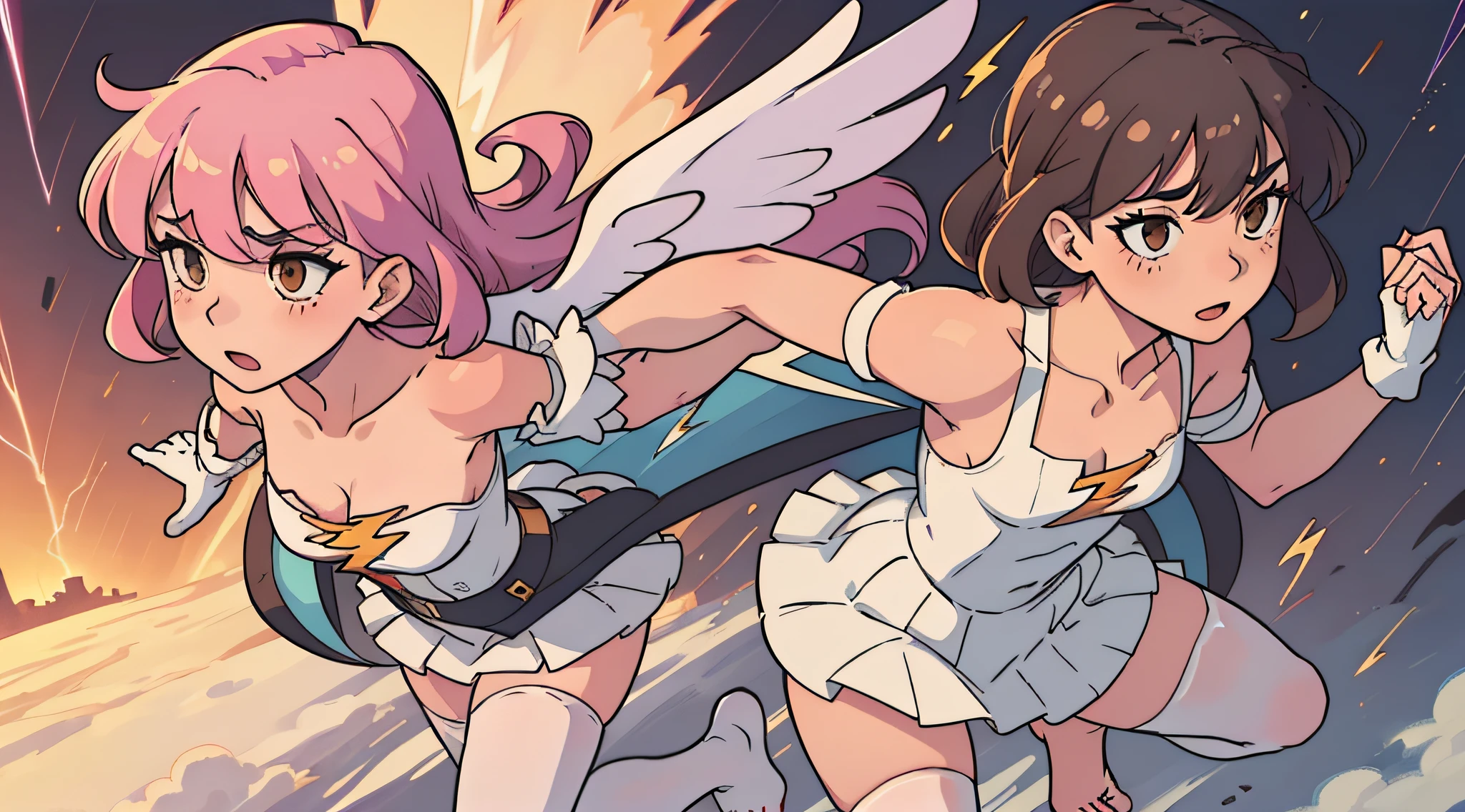 ((Masterpiece)), 1girl, flying through the sky, (Elizabeth liones_seven deadly sins), white leotard, white pleated skirt, pink tight gloves, ruffled stockings, beautiful wings, perfect body, sexy body, petite, super beautiful, panorama, side view, looking away, ((good anatomy, normal anatomy)), ((good hands)), ((good fingers)), ((good feet)), ((beautiful brown eyes)), highly detailed, best quality, masterpiece, absurderes, cinematic lightning