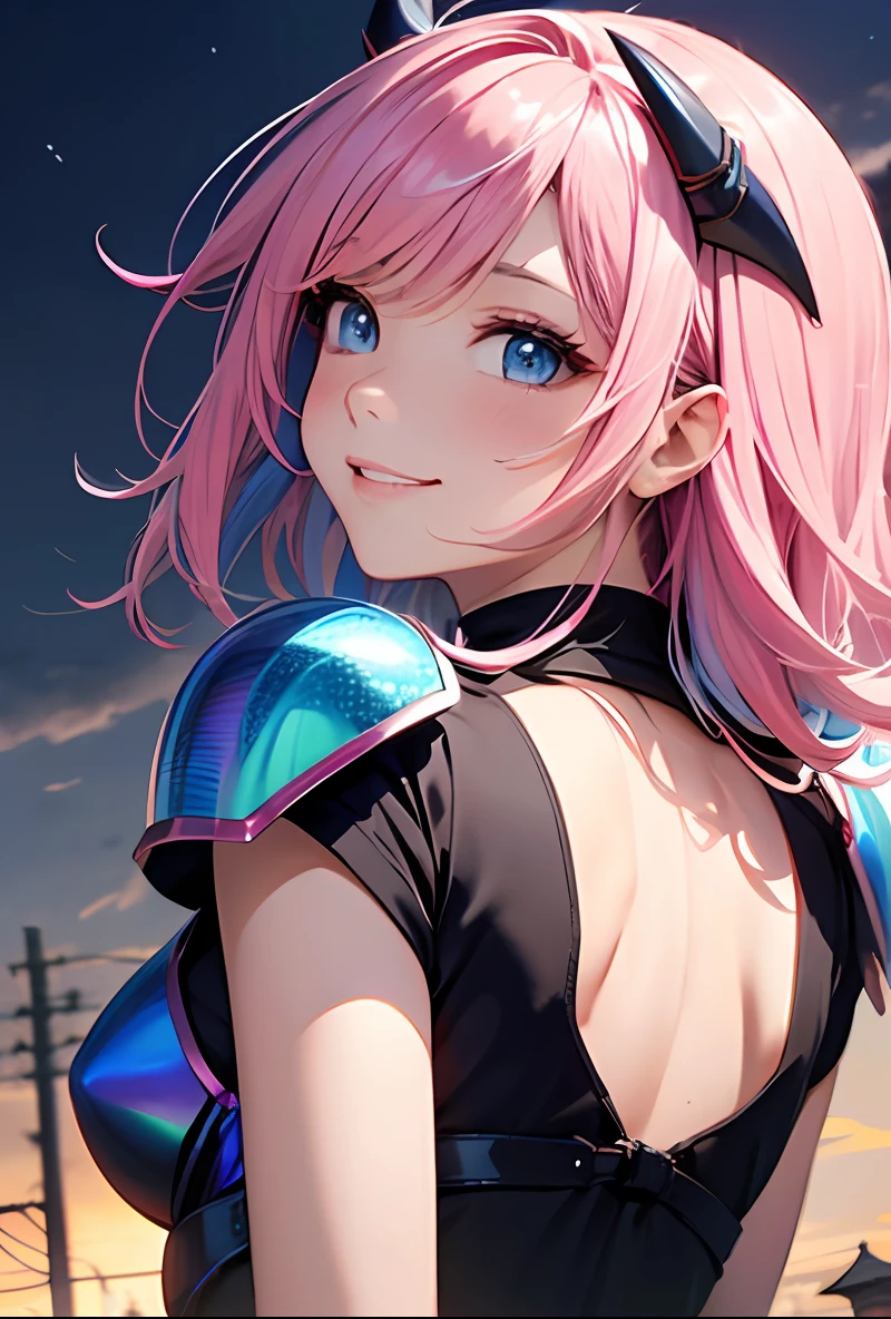 Dark Magician Girl、MKSKS style、独奏、(highly detailed back ground:1.0)、(highly detailed back ground:1.0)、A masterpice、最好质量、(babes)、Fractal Art、Blue eyes、Clear eyes、Reddish cheeks、Armor Musha、Japan sword、From shoulder up、Looking back、Smiling、(Iridescent hair、Colorful hair、1/2 Blue and 1/2 pink hair:1.3)、A girl is riding a horse、Edo cityscape、Kiyomizu-dera Temple、sunsets --auto