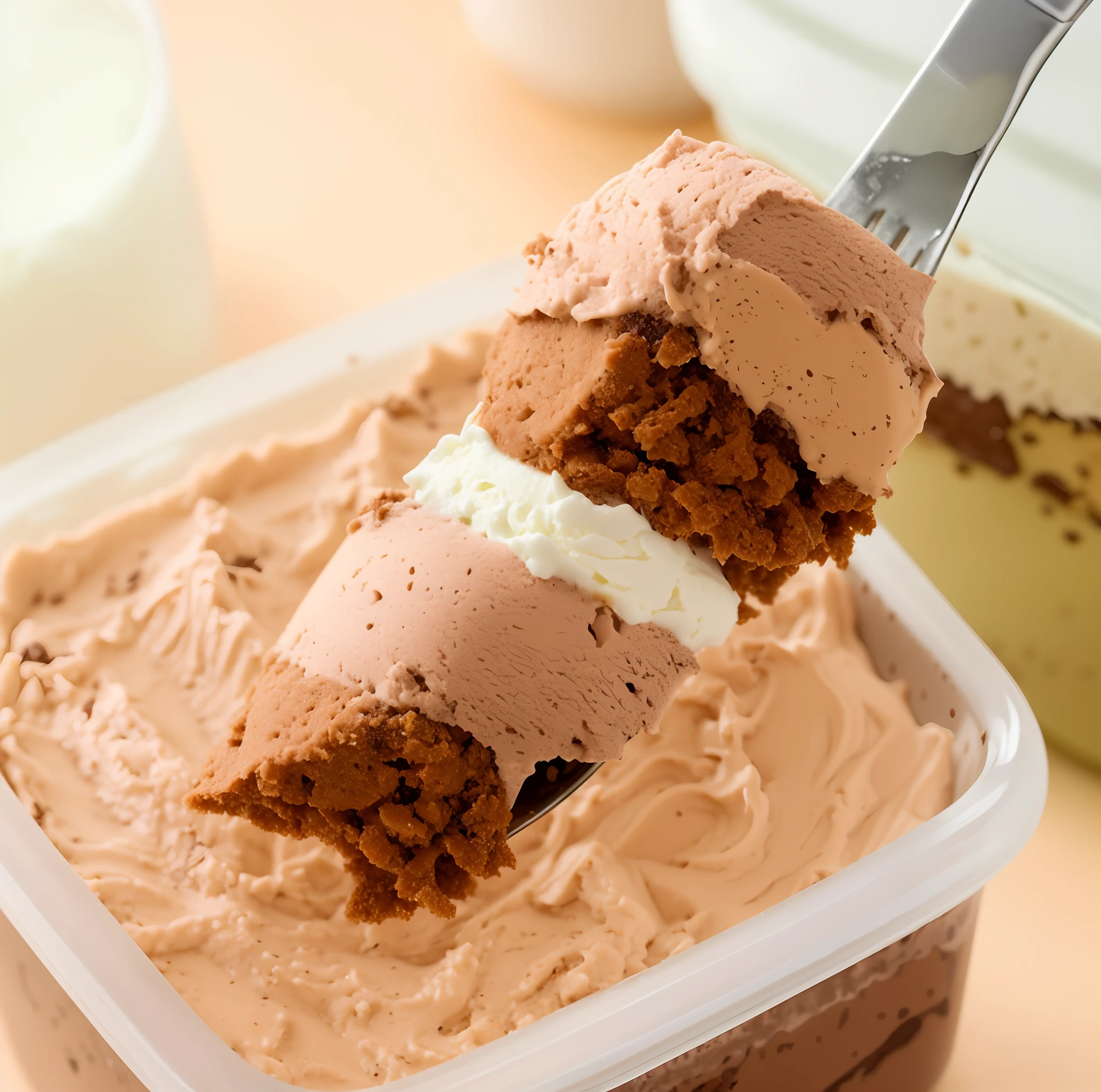 There is a fork,There is a piece of ice cream on top, chocolate frosting, recipe, whipped cream on top, mountains of ice cream, ice cream on the side, whipped cream, highly disturbing, humus, smooth blending, Outstanding detail, freezing, Dessert, Chocolate, highly textured, kek, ice cream, sea of parfait