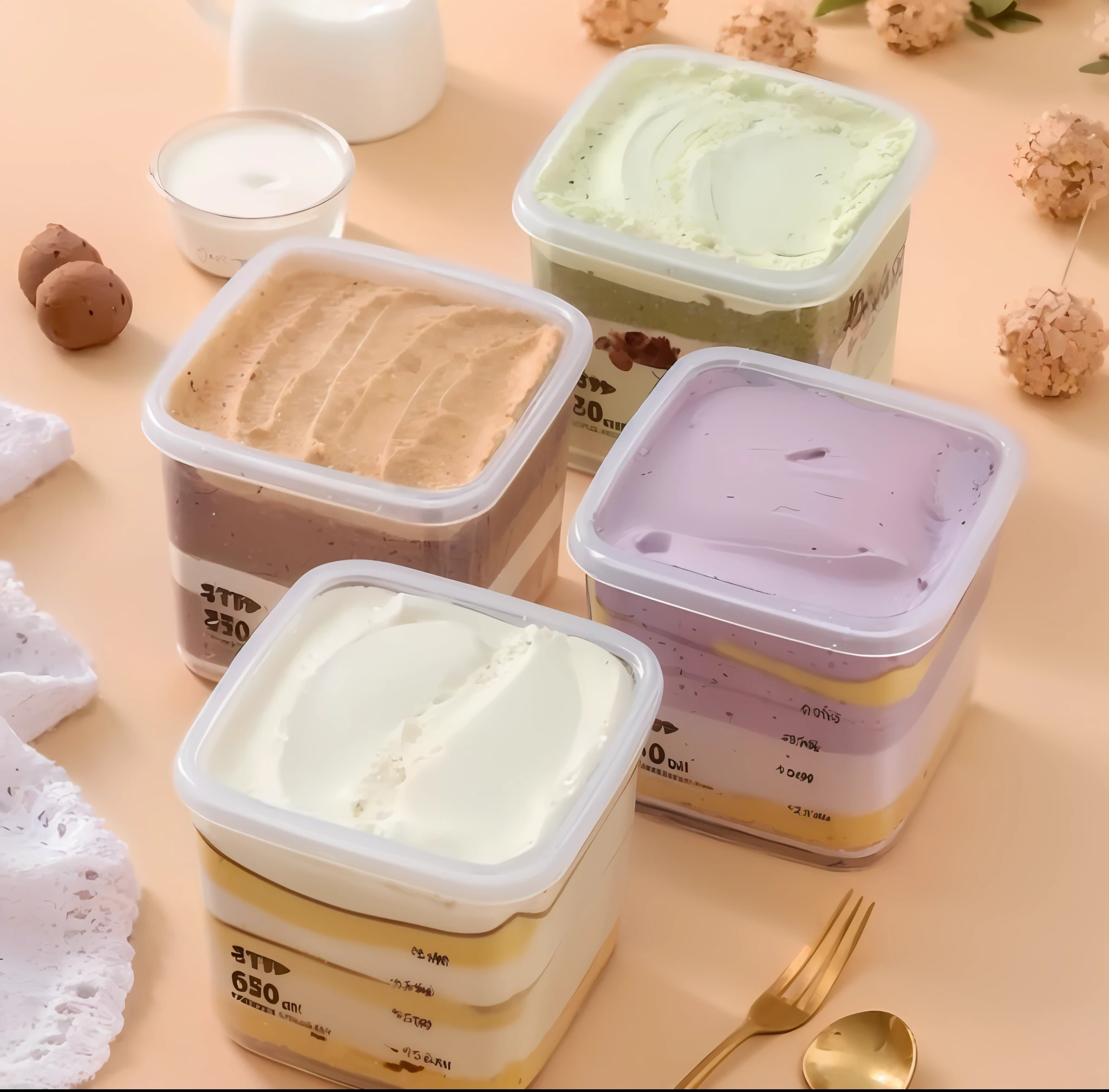 A few boxes of ice cream are placed on the table，Take the golden cross, mountains of ice cream, humus, pastel cute slime, pastel colorful mold, delicacy, 3. Joy, ice cream on the side, blend, ice cream, pastel', 3 colour, high quality topical render, 6 packs, Handsome, 4 colors, Official product image, pastels, sea of parfait