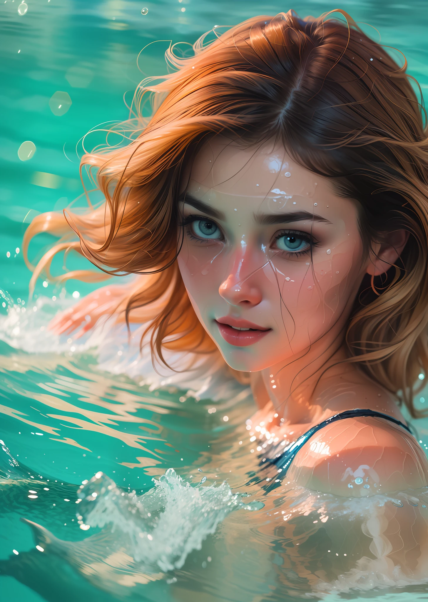 (swimmer diving), a beautiful portrait in realistic style, oil painting, with a touch of surrealism, (1 woman), tanned skin, long wavy hair, diving in crystal clear water, vibrant reflections, elegant movement, background in shades of light blue, soft waves, aquatic nuances, Kodak Portra 400, natural light, intricate details, hyper-realistic photography, cinematic, cinema, hyper-detail, UHD, color correction,  hdr, color grading, hyper-realistic CG animation