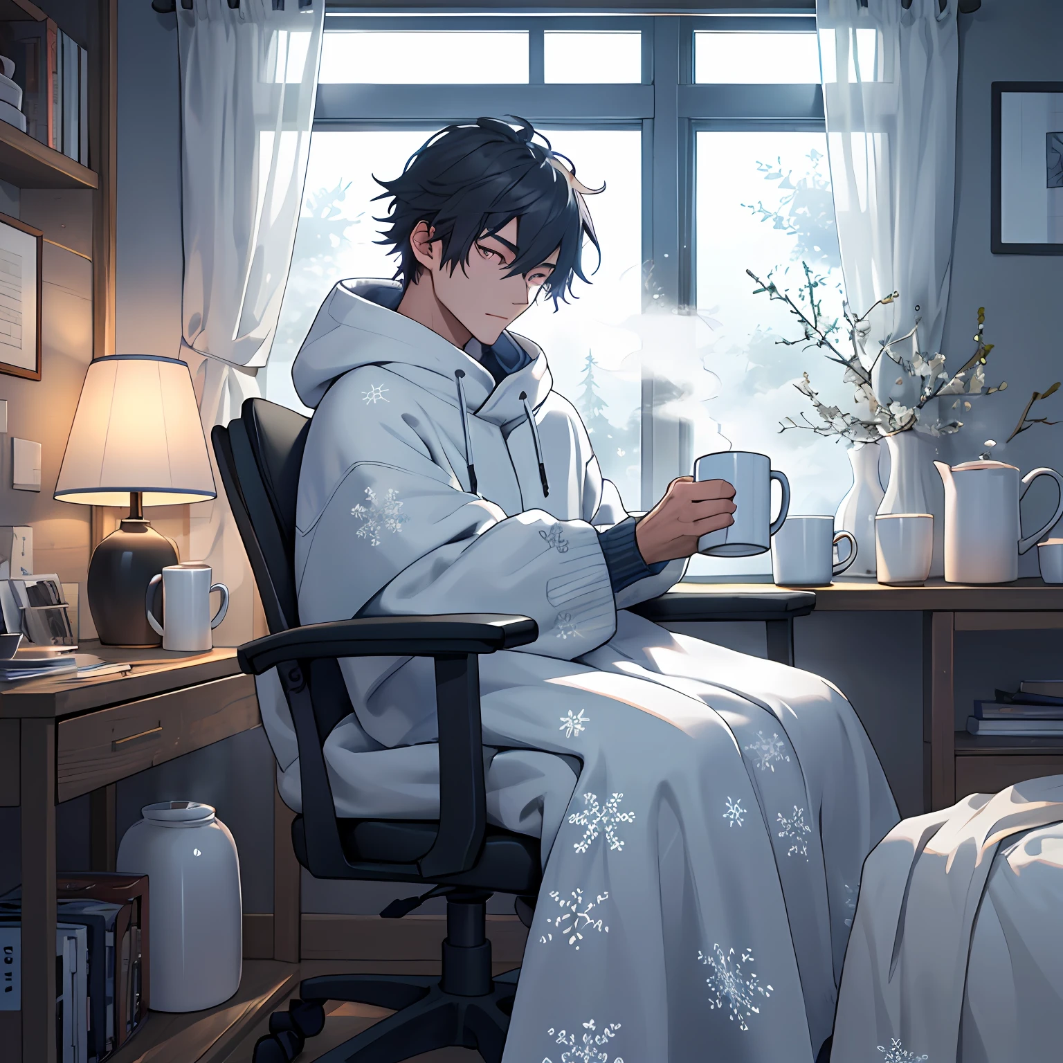 (Extremely detailed CG Unity 8k wallpaper, Best quality, 巨作), Fluorescent floating snowflakes float outside the window，One person sits in an adaptive chair，Head sideways，Covered with a fleece blanket，Warm mug in hand。The texture of the blanket is real，Steam and snowflakes on mugs reflect the fluorescence outside the window。The scene is quiet、Warm theme。